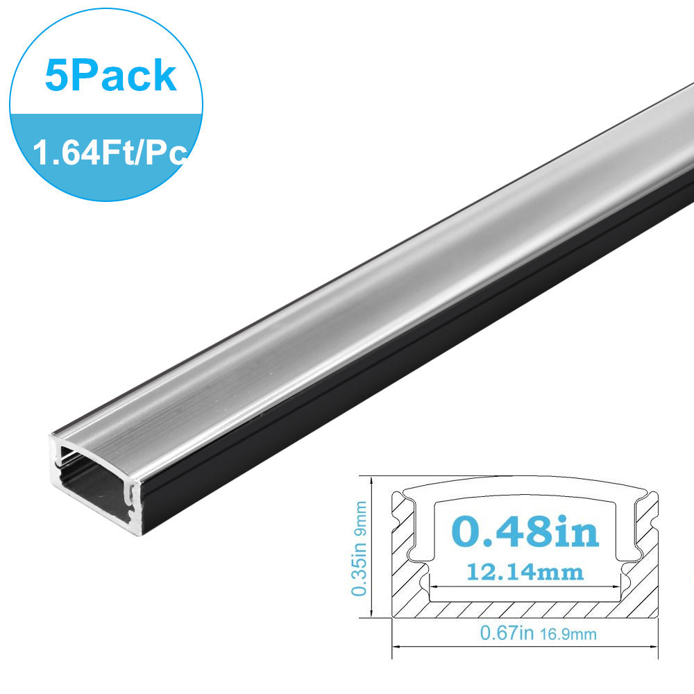 5-Pack 50cm (20'') U-Shaped LED Aluminum Channel System - U02 9x17mm Profile for 12mm Wide LED Strips | Perfect for Home, Office & Commercial Lighting Projects