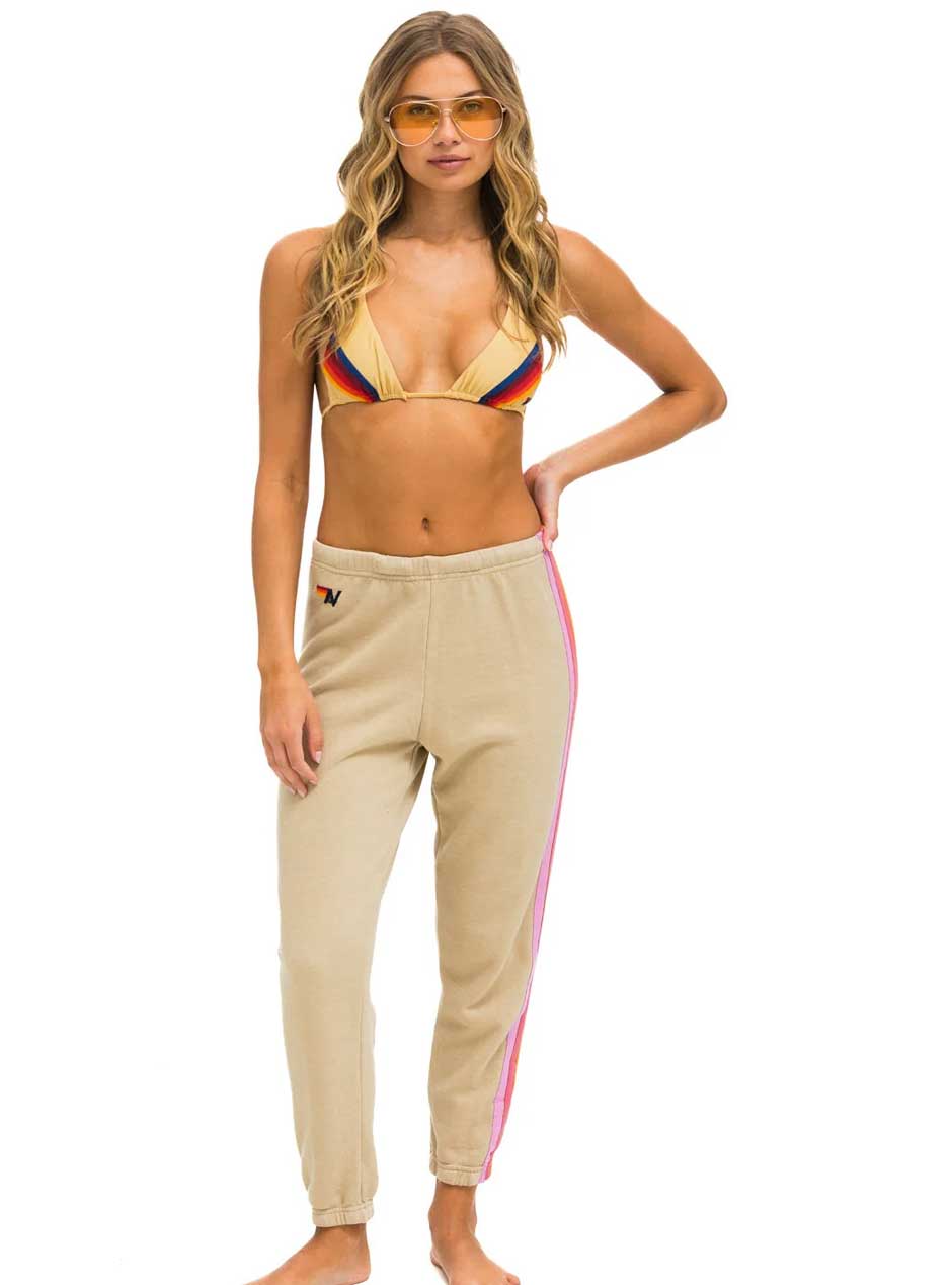 Aviator Nation Women's 5 Stripe Sweatpants - Soft Cotton Joggers in Sand, Tan, Pink & Green | Perfect for Yoga, Lounge & Casual Wear
