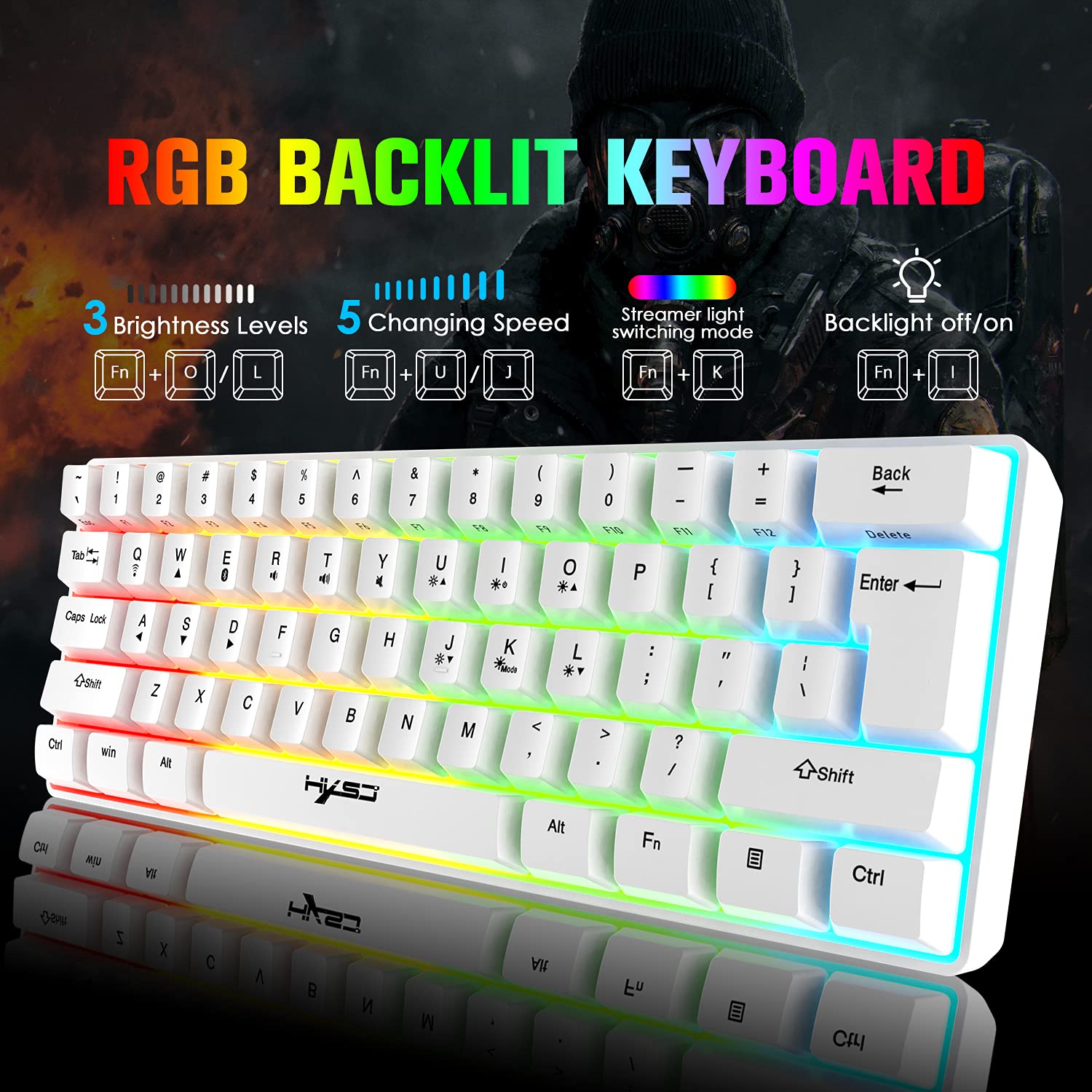 Rechargeable Bluetooth 5.0 & 2.4G Wireless/USB Wired Dual-Mode RGB Backlit Gaming Keyboard - 61-Key Compact Mechanical Keyboard with Anti-Ghosting, Wireless Gaming Mouse (750mAh Battery) for PC Gamers - Perfect for Esports, Streaming & Office Work