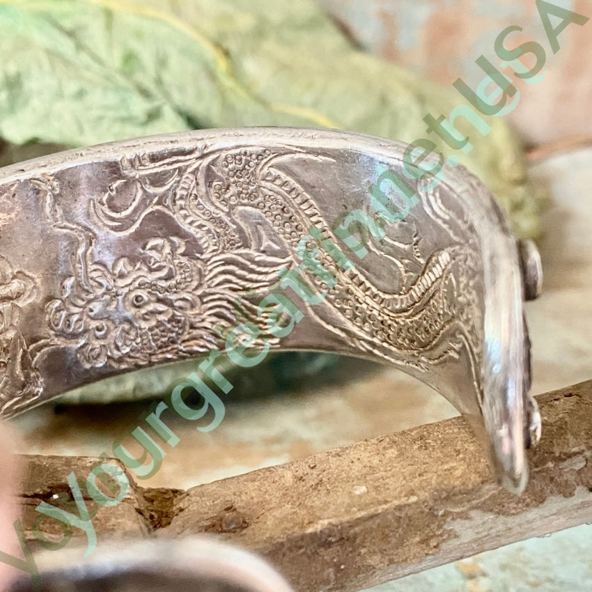 Authentic Sterling Silver Turquoise Coral Tibetan Bracelet with Intricate Dragon Engraving - Perfect for Boho Fashion, Spiritual Healing & Gift Giving