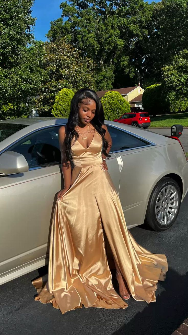 Elegant A-Line V-Neck Gold Long Prom Dress with High Slit - J2621 | Perfect for Homecoming, Formal Dances & Evening Galas