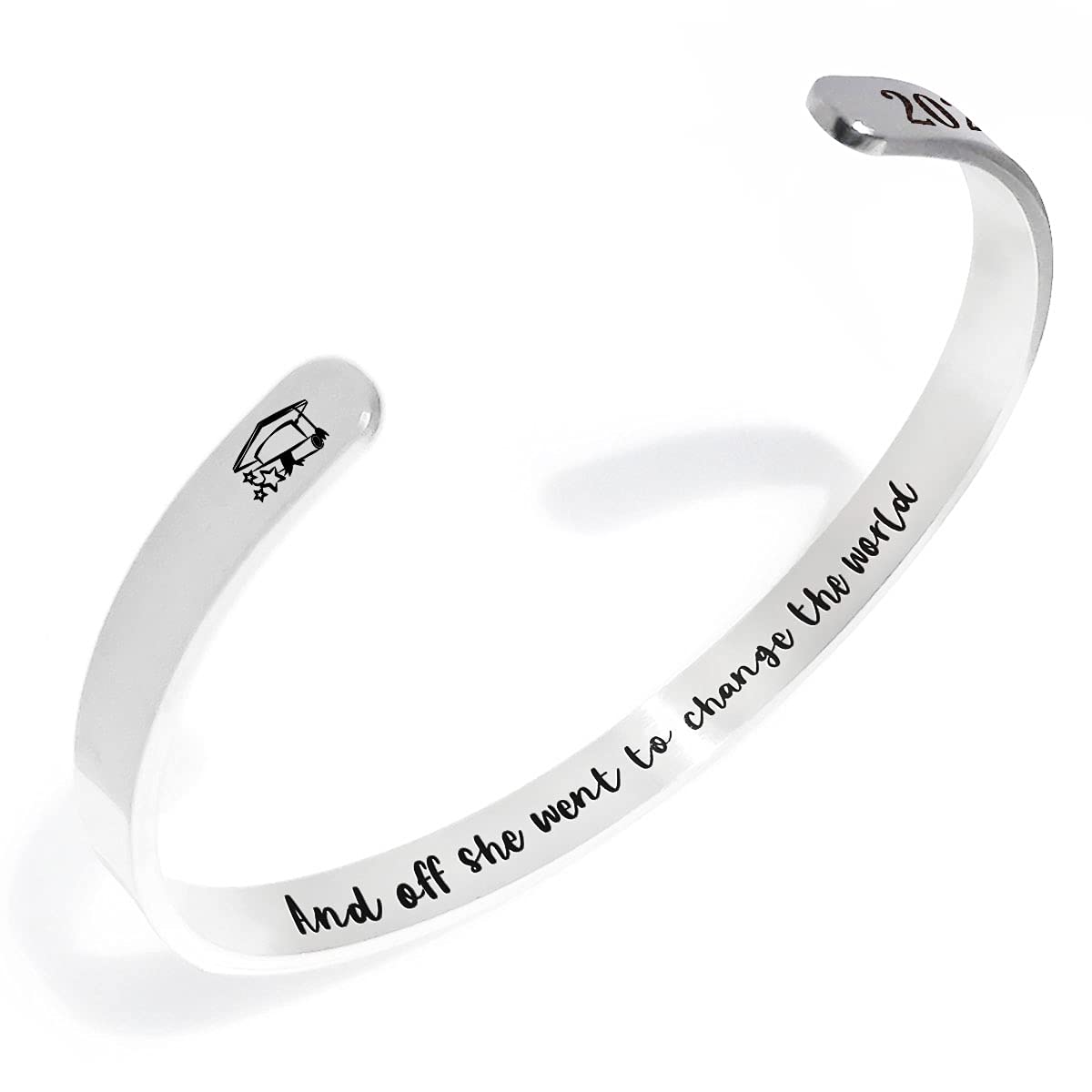 Graduation Gifts for Women - Inspirational Engraved Mantra Bracelet with 'And Off She Went to Change The World' Message - Motivational Jewelry for Graduates, Daughters, Sisters & Friends - Perfect for Graduation Ceremonies, Birthday Presents & Special Occasions
