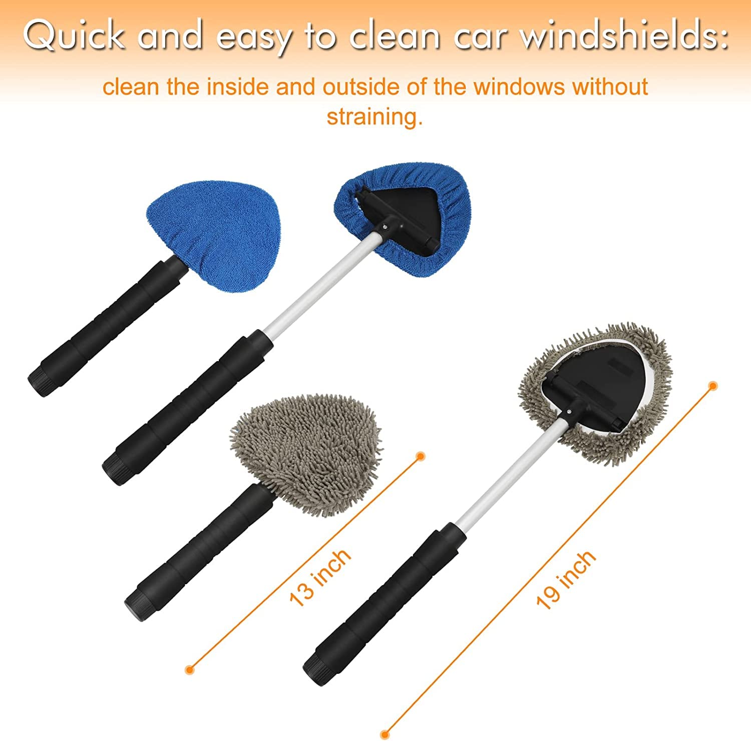 JOYFUL&HOPEFUL 4-in-1 Car Windshield Cleaner Kit - Extendable Handle Window Cleaning Tool with 4 Microfiber & 2 Chenille Pads - Anti-Fog Interior Glass Cleaner for Streak-Free Shine - Perfect for Car, Truck & Home Windows