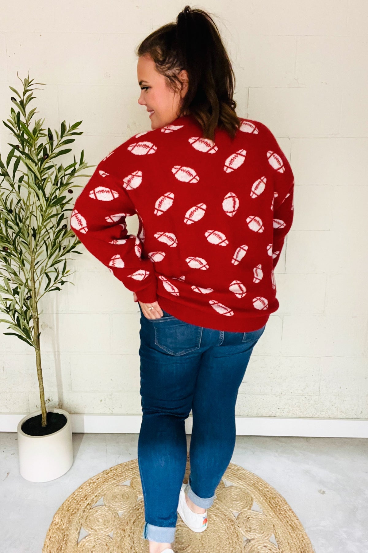 Game Day Red Football Print Jacquard Knit Sweater for Men - Cozy Team Spirit Pullover for NFL Fans, Tailgating & Winter Sports