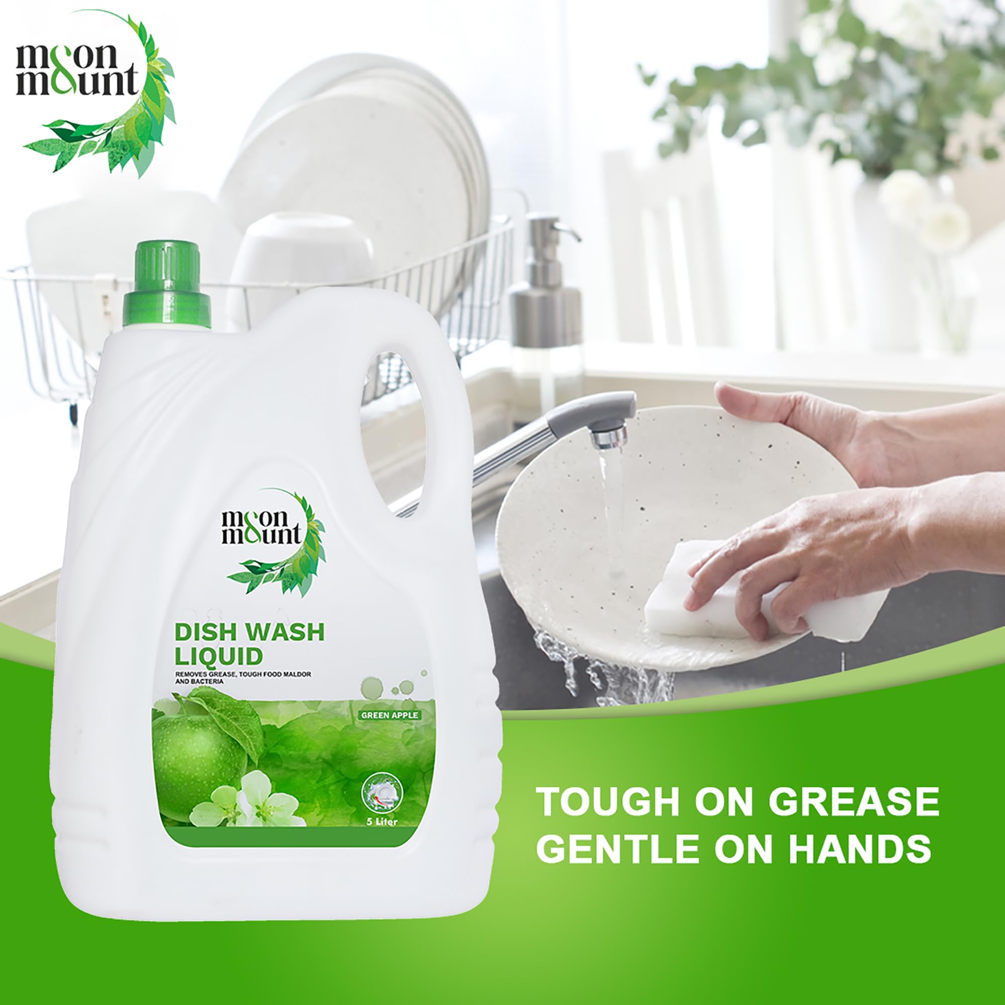 Moon & Mount Green Apple Dishwashing Liquid Gel - 5L Grease Cleaner for All Utensils, No Residue Formula | Perfect for Kitchen, Restaurant & Commercial Use