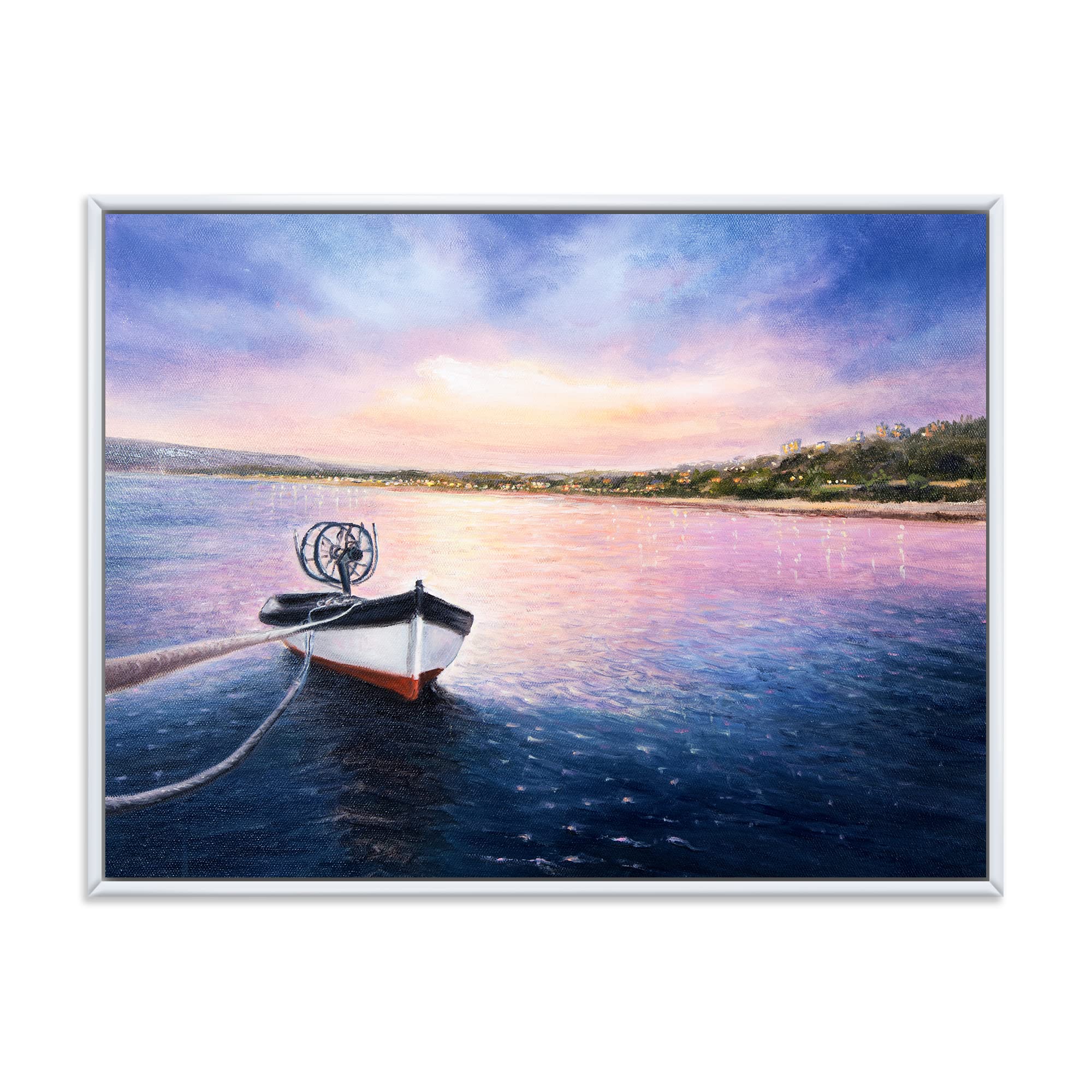 DesignQ Framed Canvas Wall Art Print - Fishing Boat by the Shore at Vibrant Sunset, Perfect for Lake House Decor & Coastal Living Room