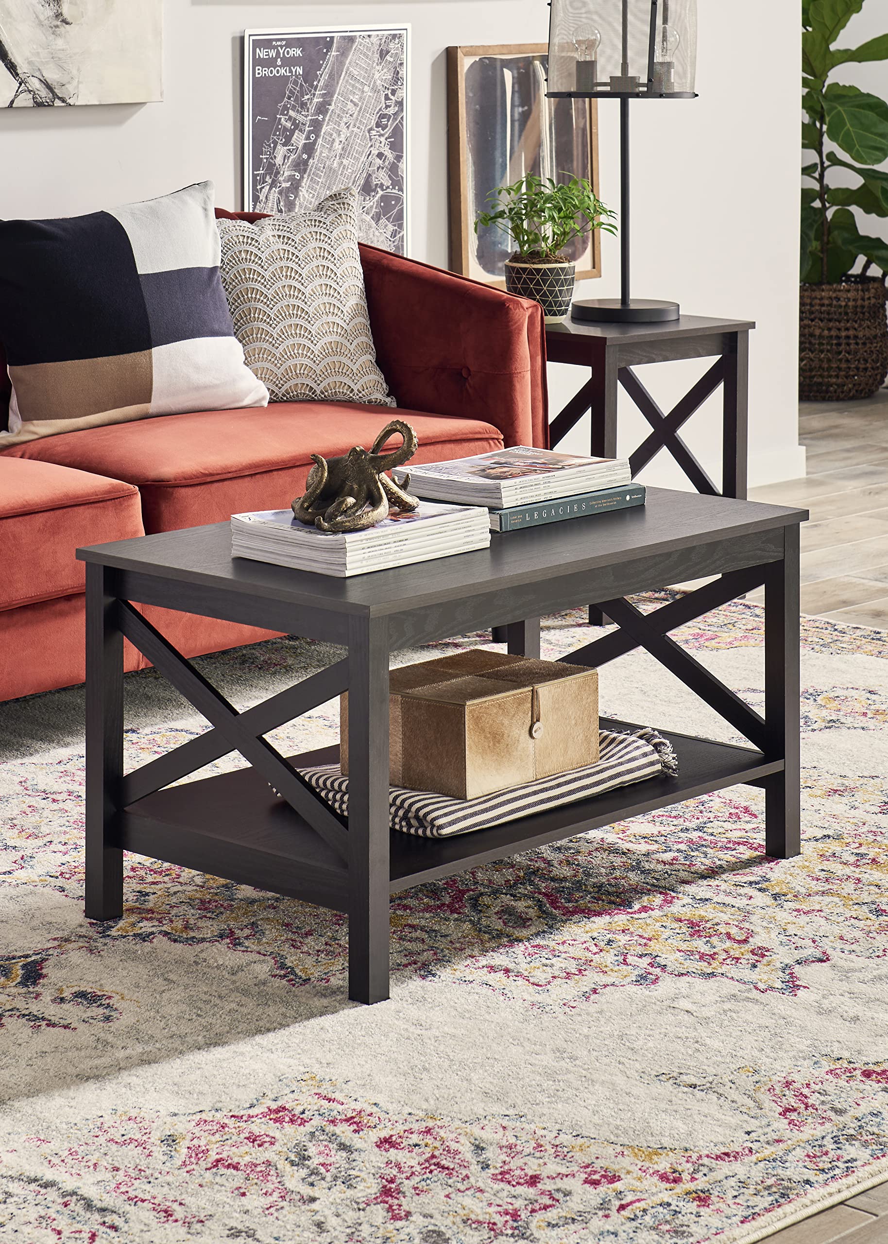 ClosetMaid 3935 X-Frame Coffee Table with Shelf - Black Walnut Wood for Living Room