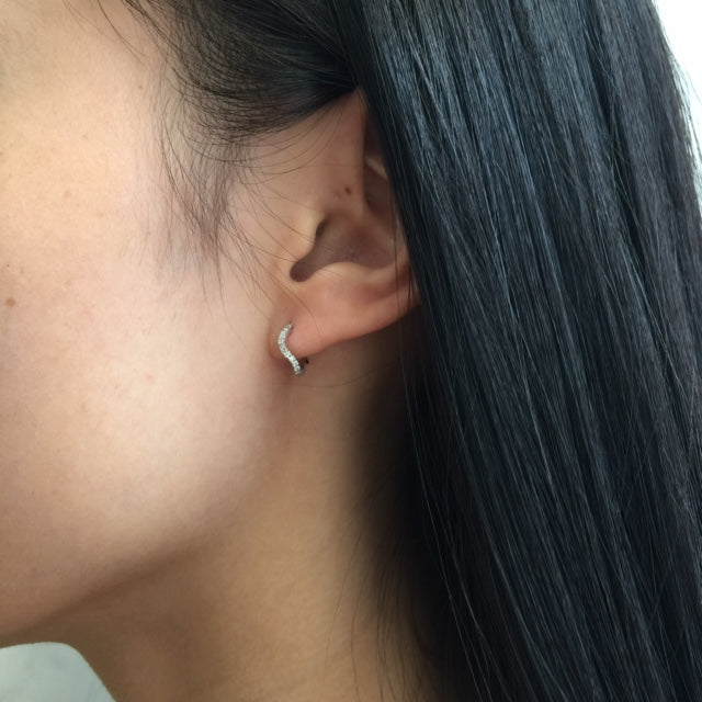 14K White Gold MBF Diamond Wave Huggie Earrings - Elegant & Dainty Hoop Earrings for Women, Perfect for Everyday Wear, Parties & Special Occasions