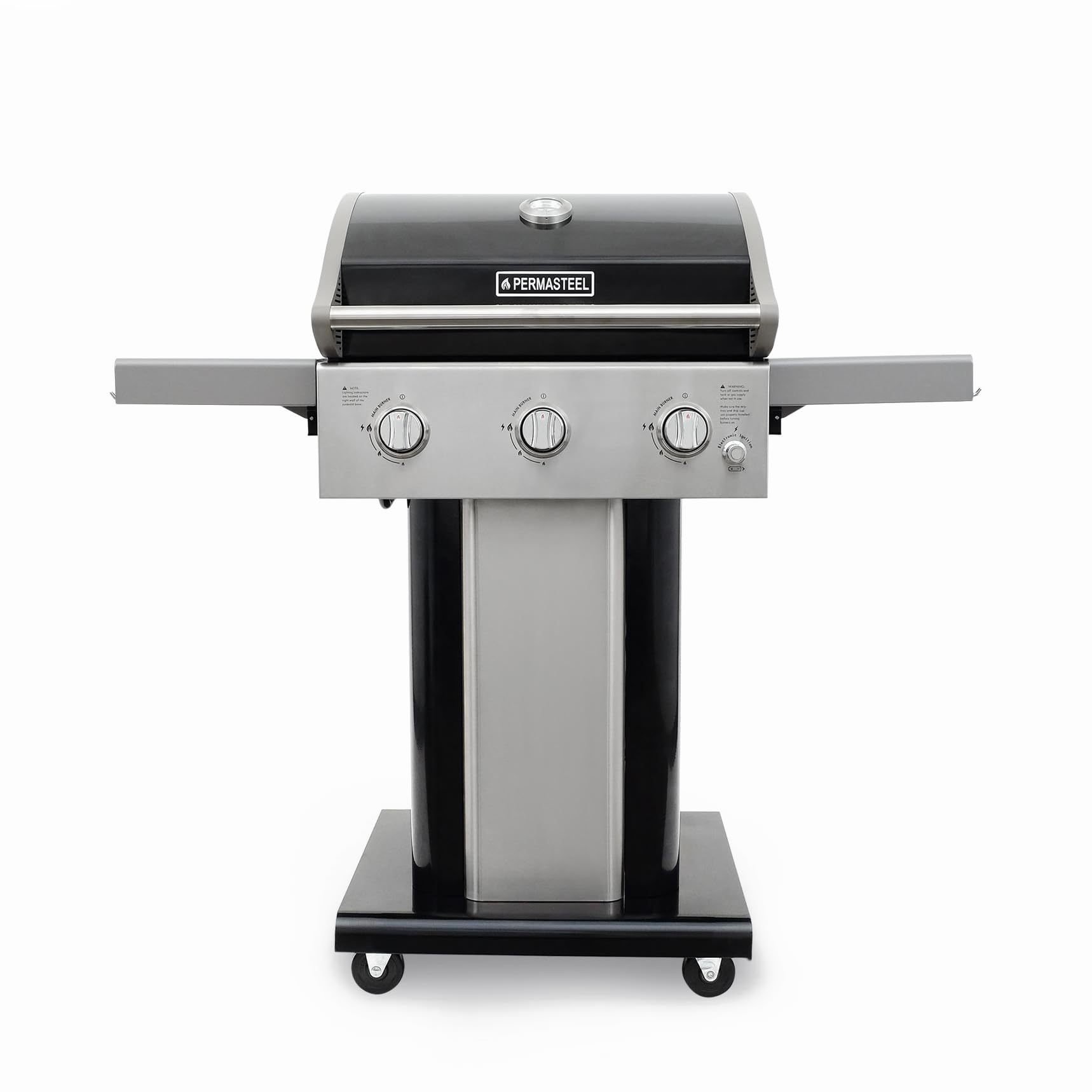 Permasteel 3-Burner Propane Gas Grill - 30,000 BTU Outdoor BBQ Grill with Cast Iron Grates, Foldable Side Shelves & Tool Hooks - Perfect for Backyard, Patio, and Camping Cooking - Black