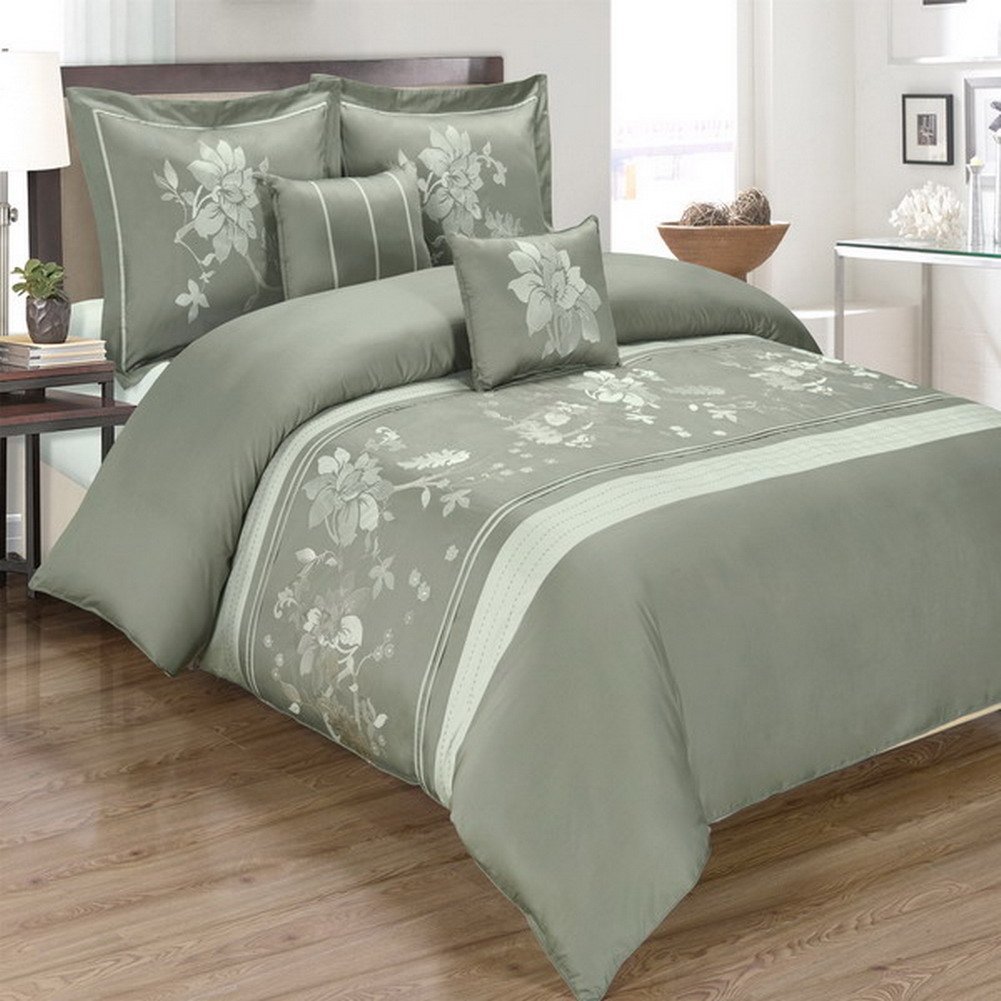 Blancho Myra Gray 5-Piece Duvet Cover Set - 100% Cotton Embroidered Bedding for Full/Queen Size Beds - Luxury Bedroom Decor for Master & Guest Rooms