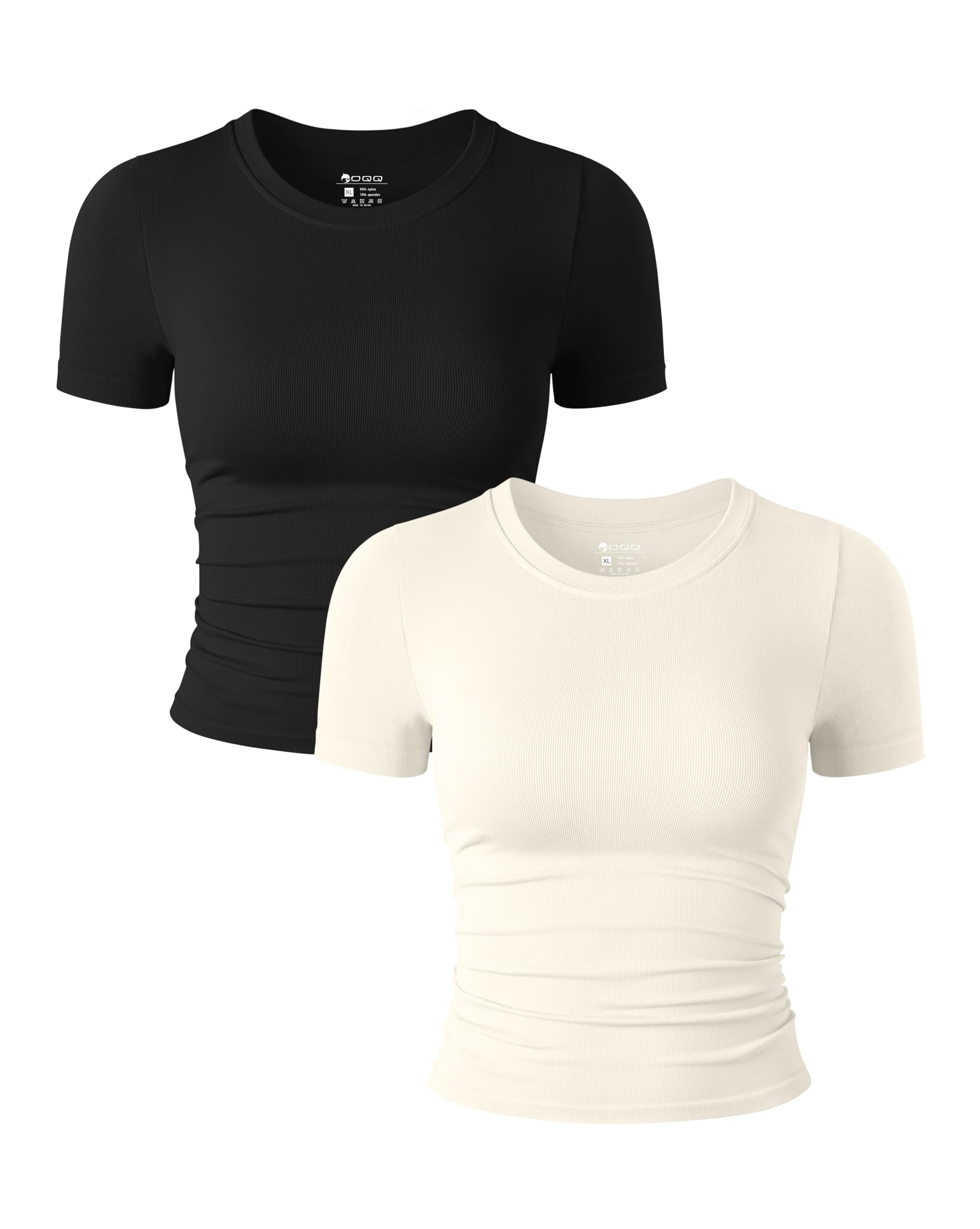OQQ Women's 2-Piece Short Sleeve Crew Neck Ruched Stretch Fitted Tee Shirts & Crop Tops Set - Casual Summer Outfits for Streetwear, Beach, and Daily Wear