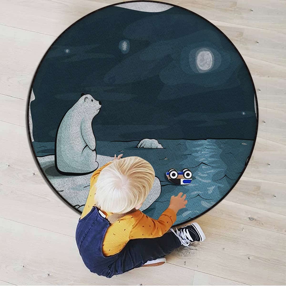 Washable Round Desk Chair Mat for Low-Pile Carpet - Non-Slip Rolling Chair Protector, Decorative Polar Bear Moon Cartoon Rug, 47.2 Inch Diameter Multi-Purpose Floor Mat - Perfect for Home Office, Study Room & Gaming Setup