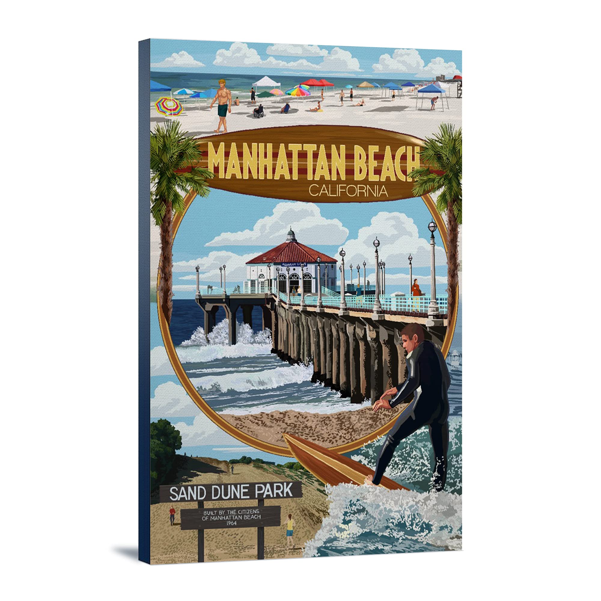 California Coastal Art - Manhattan Beach Montage Scenes Gallery Wrapped Canvas Print (24x36) - Perfect for Living Room, Bedroom & Office Wall Decor