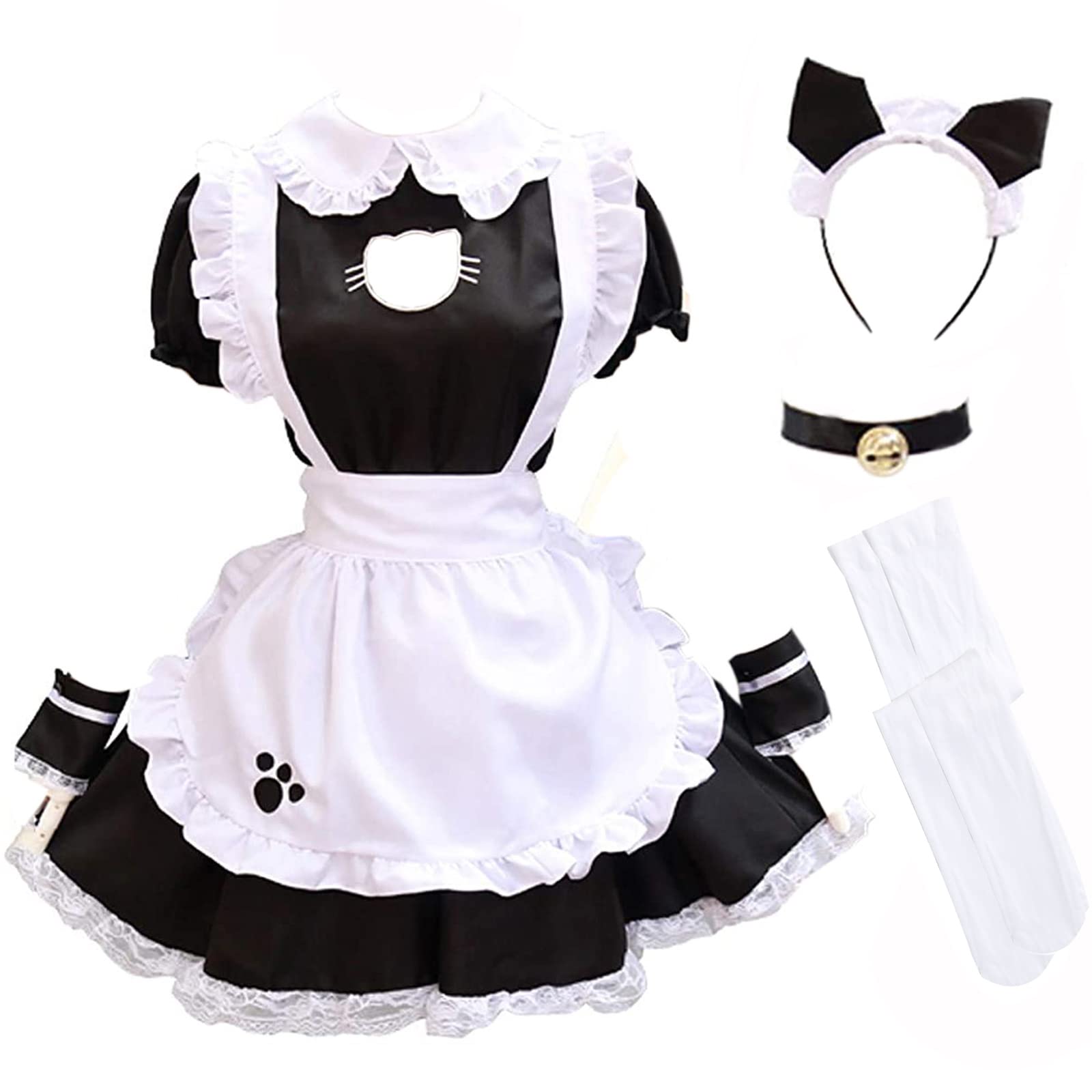 GRAJTCIN Women's Plus Size Maid Costume with Cat Ears & Apron - Anime Cosplay Dress for Halloween, Roleplay, and Themed Parties