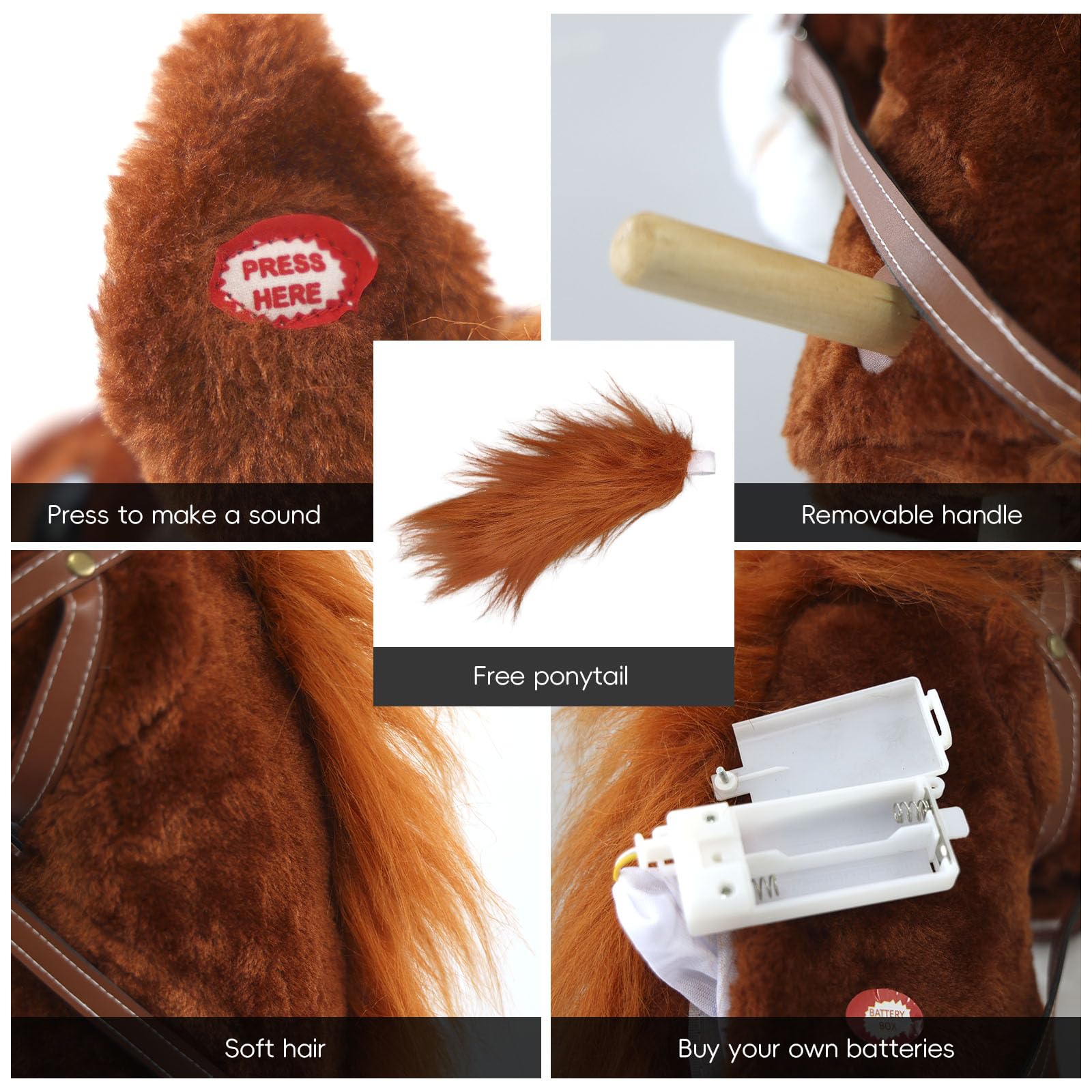 Realistic Plush Stick Horse Toy with Wooden Wheels & Galloping Sounds - Fun Pretend Play for Toddlers & Preschoolers (Brown, AA Batteries Required) - Perfect for Birthday Gifts, Outdoor Play & Imagination Development
