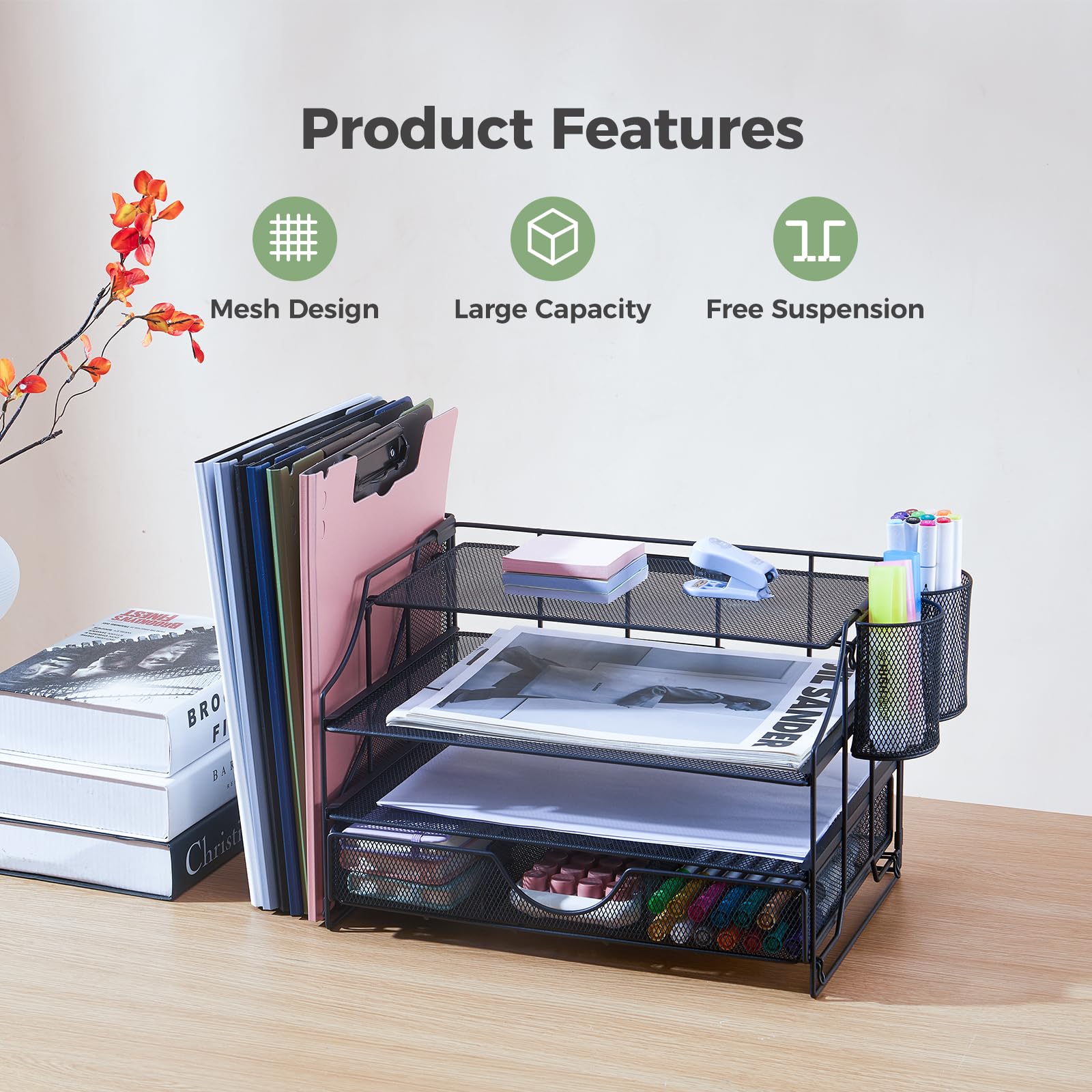 4-Tier Mesh Desk Organizer with Drawer & Vertical File Holder - Office Supplies Storage for Paper, Letters, Documents | Perfect Workspace Accessory for Home & Office Organization