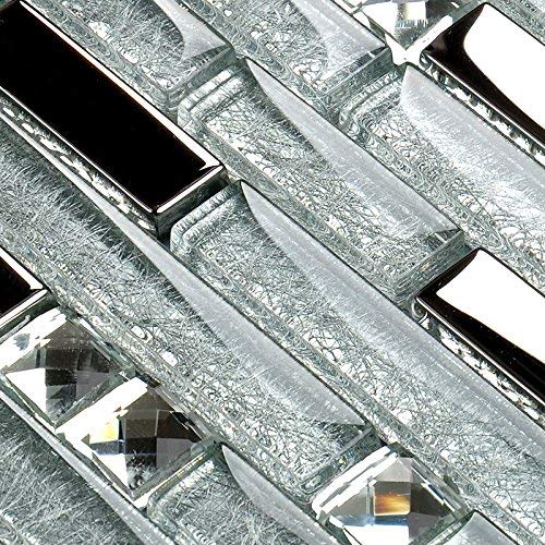 Sparkling Silver Crystal Glass Metal Mosaic Tiles - Stain Resistant Linear Design for Kitchen Backsplash, Bathroom & Shower Walls (6 Sq Ft) - Perfect for Modern Home Decor and Commercial Spaces