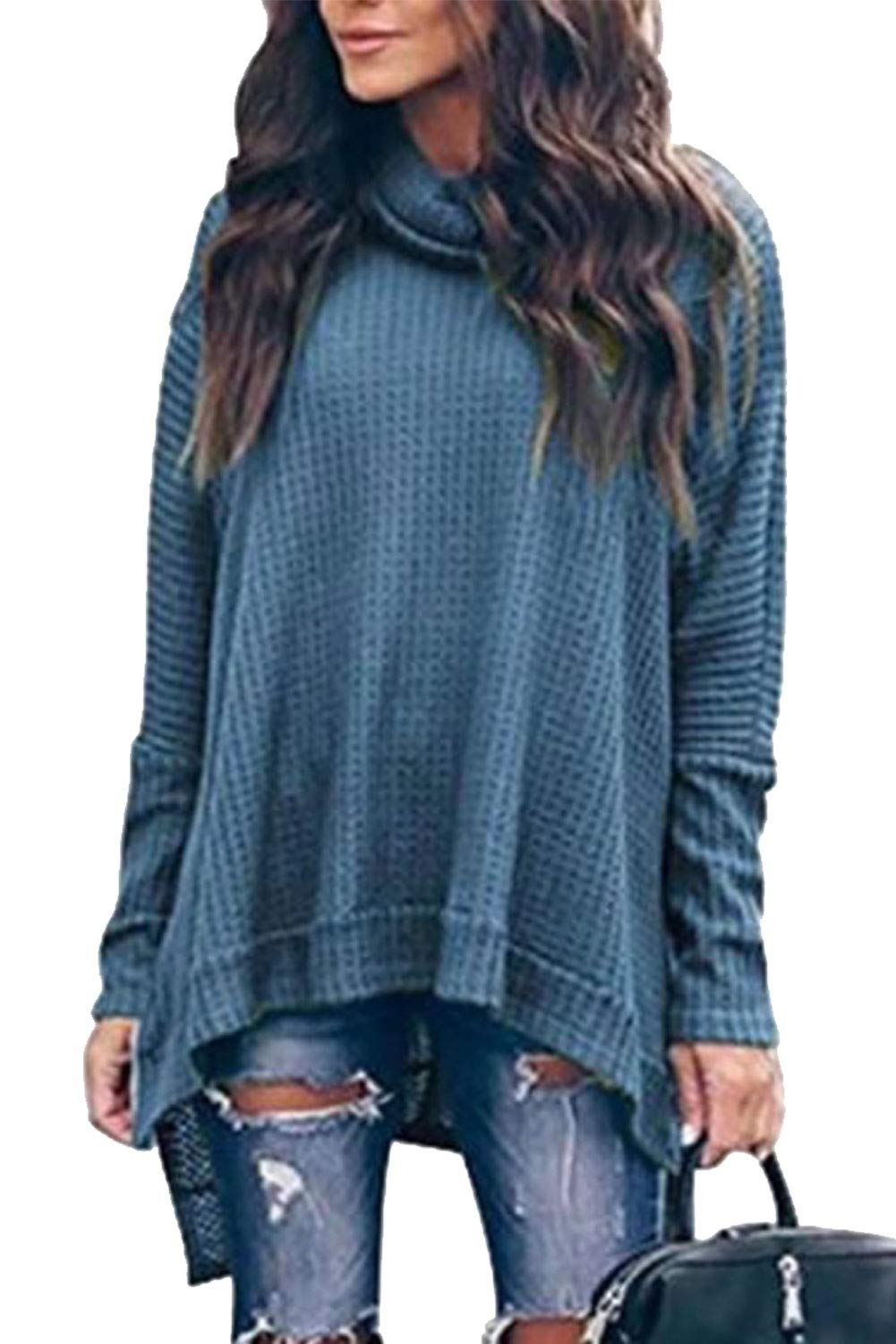 ASHER FASHION Women's Casual Turtleneck Batwing Long Sleeve Waffle Knit Pullover Sweater - Oversized Loose High-Low Tunic Top for Fall Winter Layering & Cozy Outfits