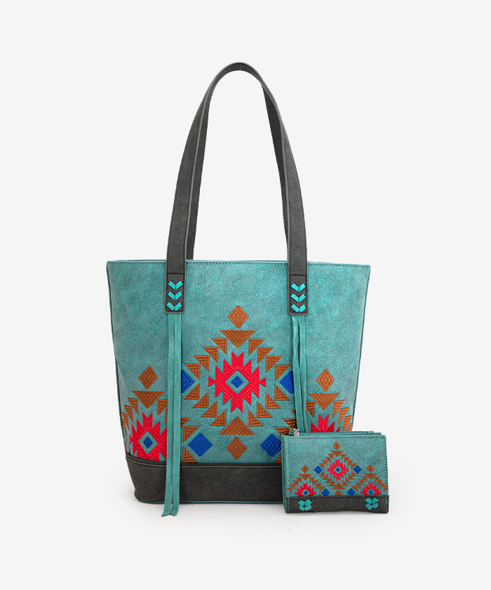 Montana West Aztec Embroidered Tote Bag Set for Women - Stylish Boho Shoulder Bag with Handmade Tribal Patterns - Perfect for Travel, Beach, Shopping & Everyday Use