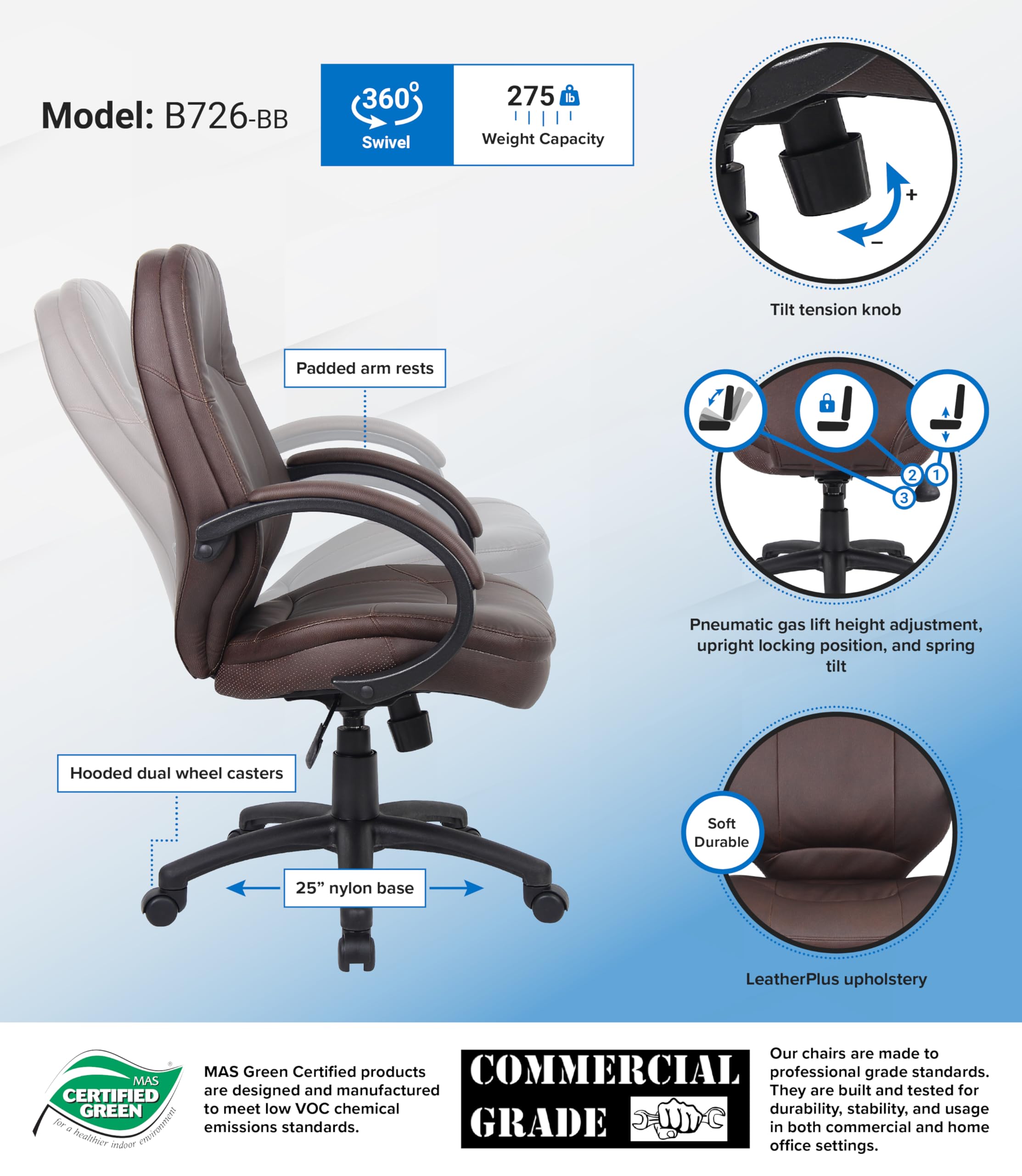Premium LeatherPlus Executive Office Chair in Bomber Brown - Ergonomic High-Back Swivel Chair for Home Office, Conference Room & Professional Workspaces
