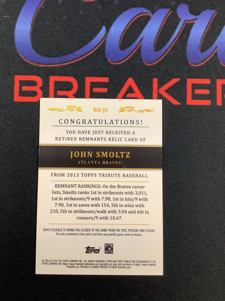 2013 Topps Tribute Gold John Smoltz Retired Remnants Patch #RR JS /15 - Rare Baseball Memorabilia for Collectors & Fans - Perfect for Display, Gifts, and Sports Memorabilia Collections
