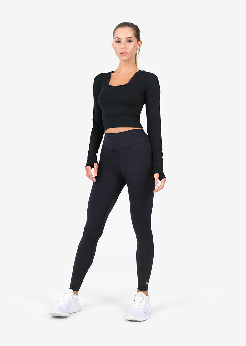 Elevate Aloe Cropped Long Sleeve Top - Black | Women's Yoga Workout Shirt for Gym, Pilates & Casual Wear