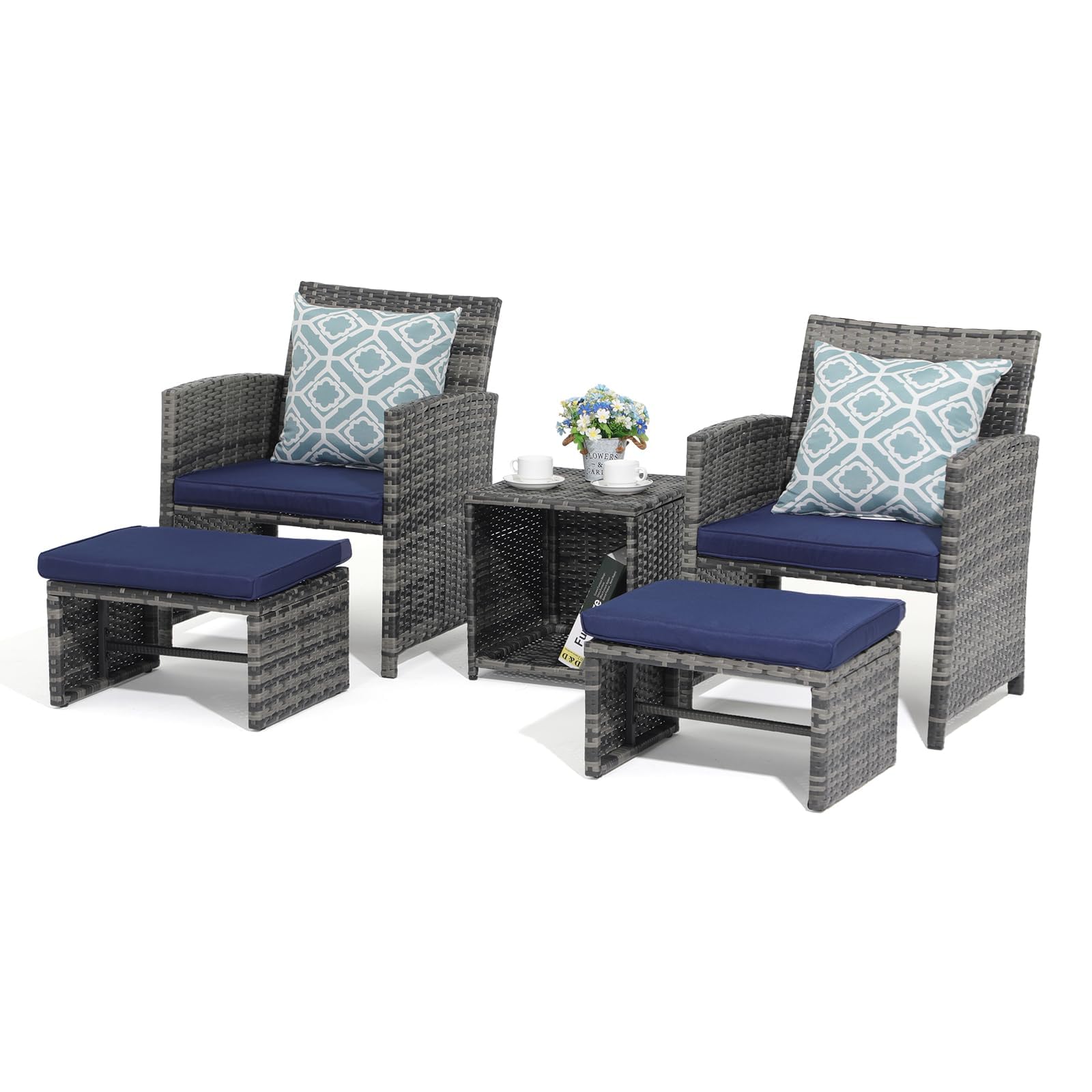 OC Orange-Casual 5-Piece Outdoor Patio Furniture Set - Wicker Conversation Chairs with Ottoman & Coffee Table - Includes Navy Blue Cushions - Perfect for Balcony, Porch, Deck & Backyard Relaxation