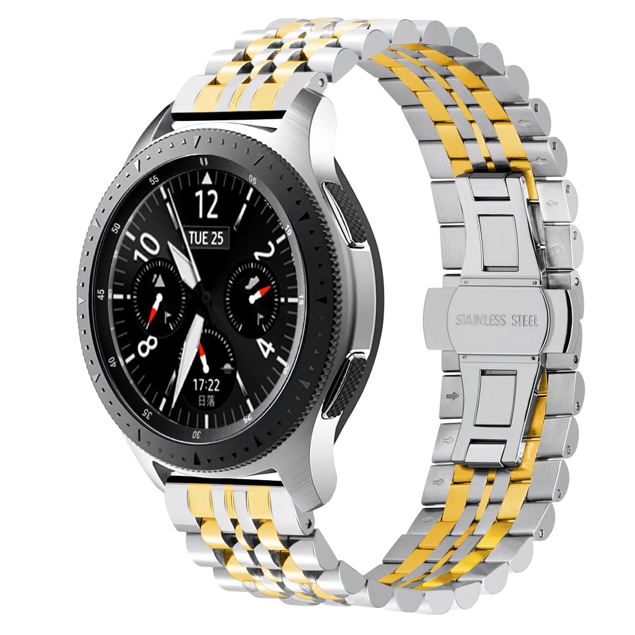 22mm Stainless Steel Smart Watch Band for Samsung Gear S3 Frontier & Classic, Galaxy Watch 46mm - Silver & Gold Metal Bracelet with Butterfly Clasp, Perfect for Workouts, Office & Formal Occasions