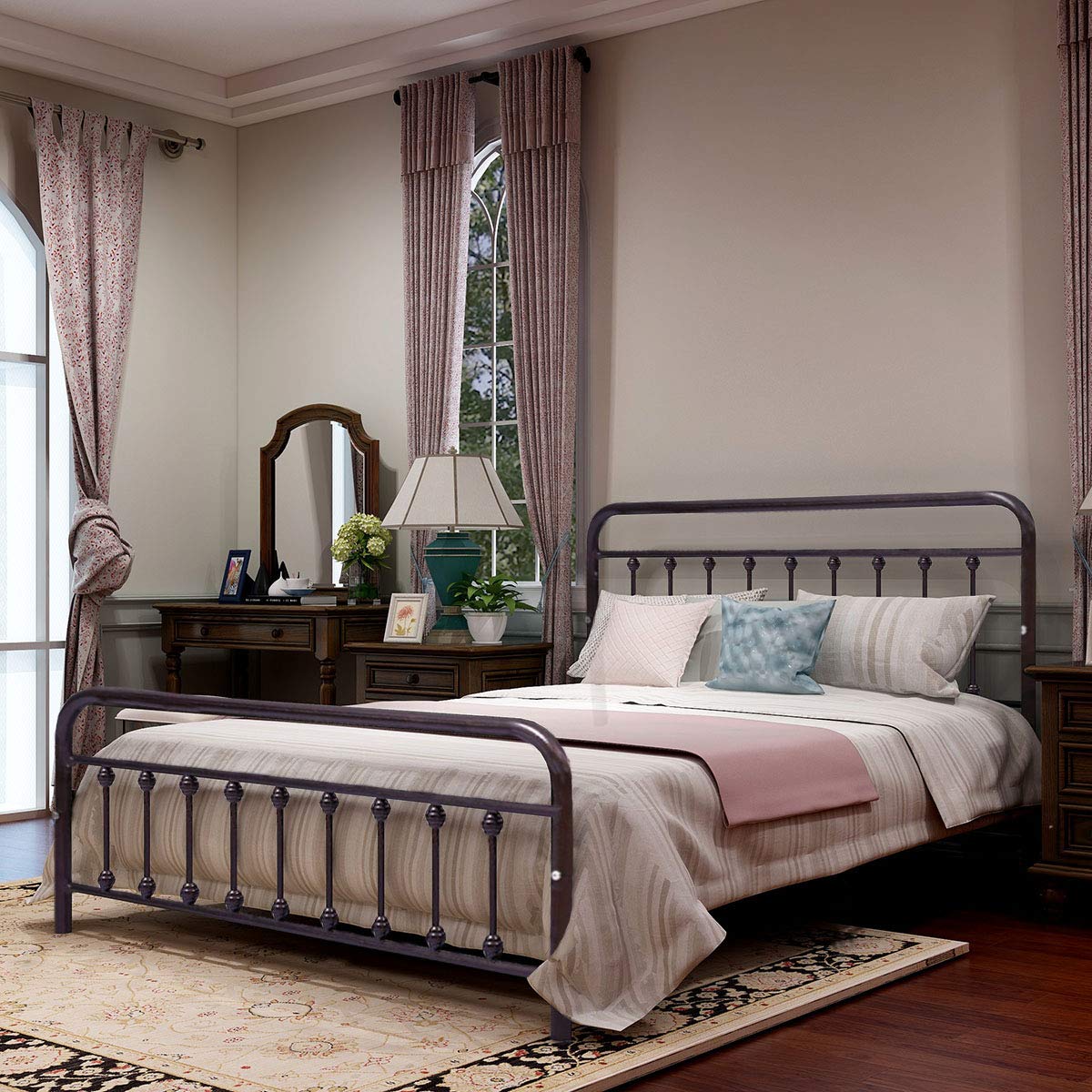Victorian Vintage Style Metal Bed Frame Queen Size - Heavy Duty Steel Slat Mattress Foundation with Headboard & Footboard, No Box Spring Needed - Perfect for Master Bedroom, Guest Room & Vintage Home Decor (Brown)