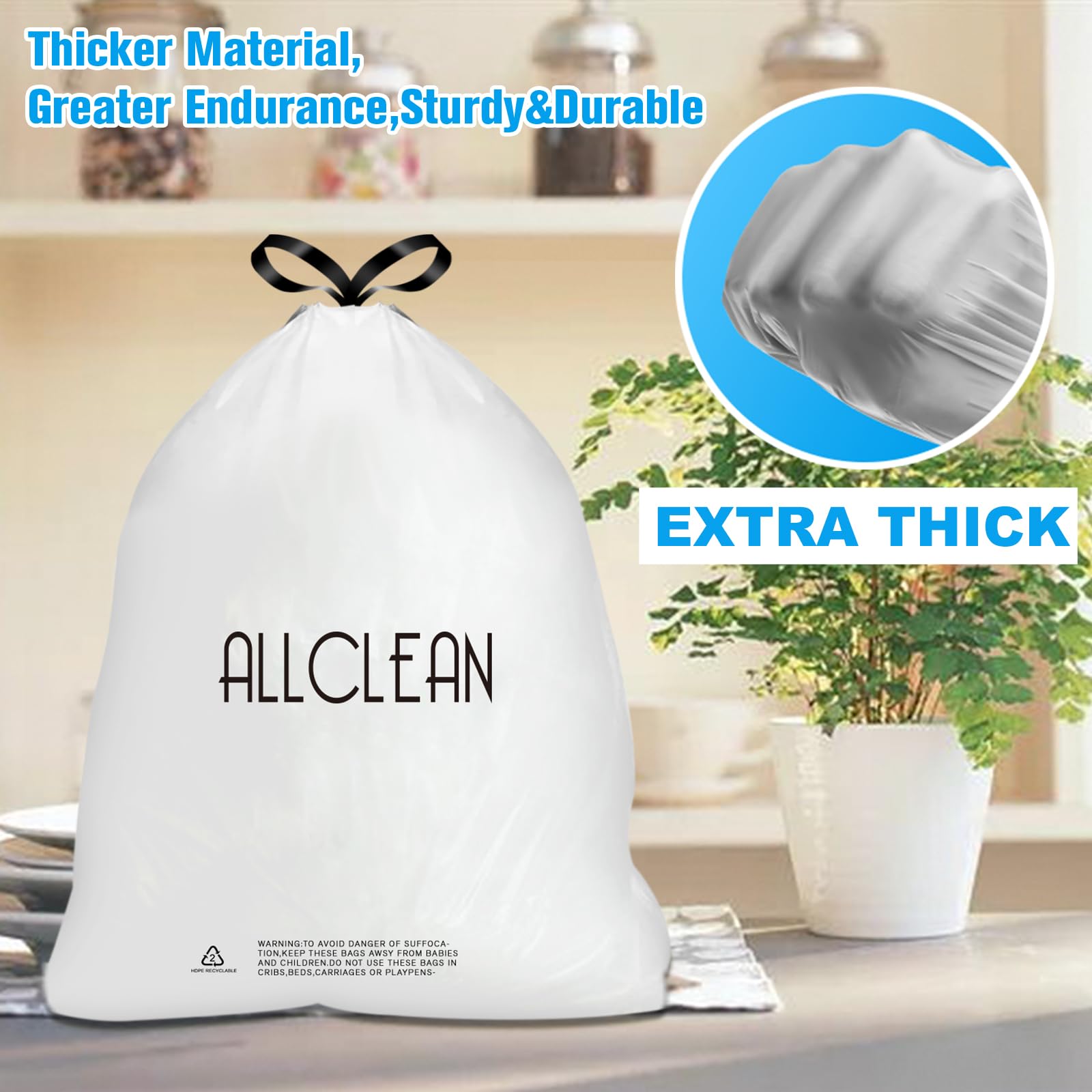 15 Gallon Tall Kitchen Trash Bags with Drawstring - Strong Recyclable Garbage Bags for Indoor & Outdoor Use - Fresh Clean Unscented Large Recycling Bags for Kitchen, Bathroom, Office, and Camping
