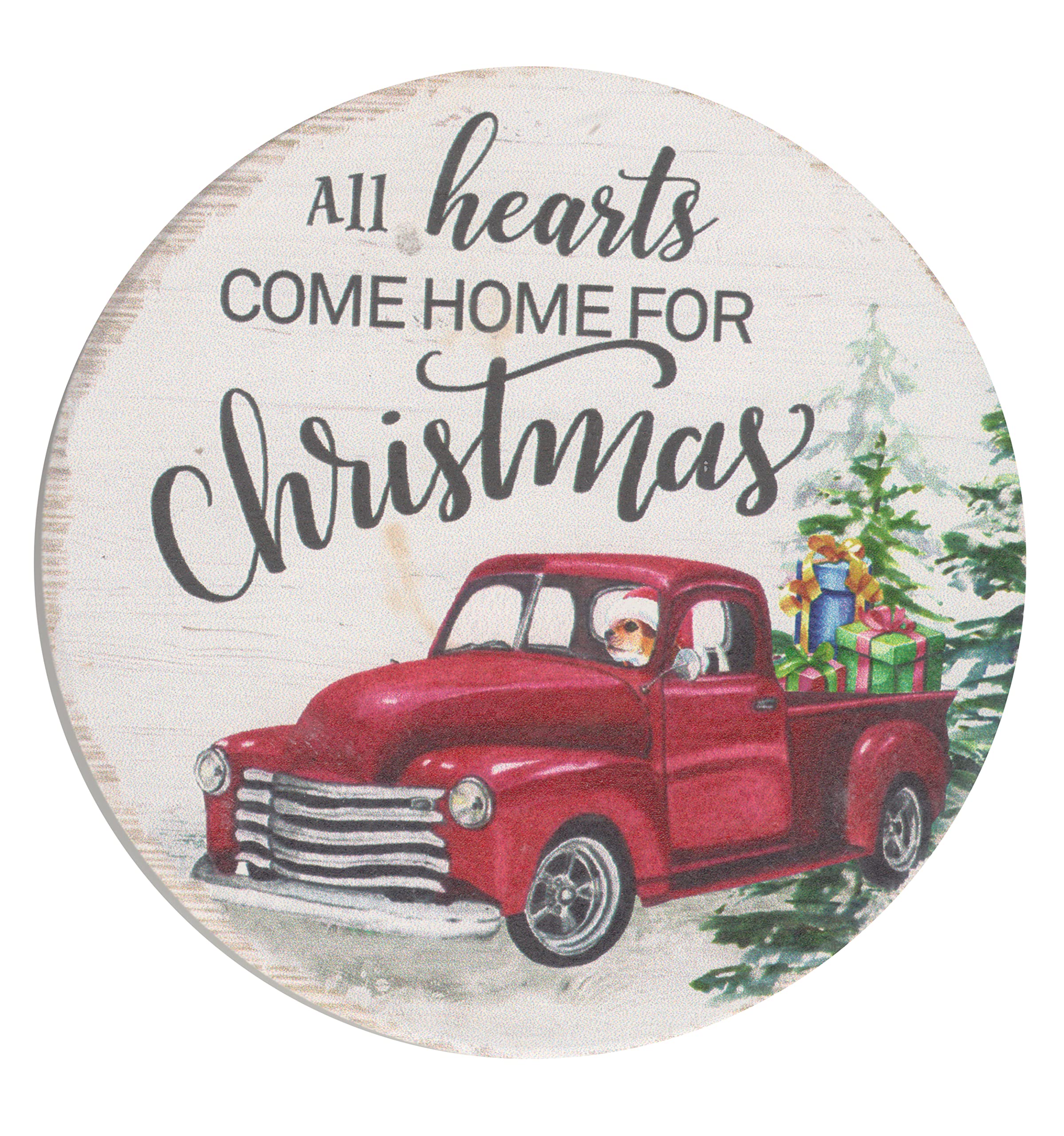 Christmas Ceramic Coasters Set of 4 - Red Truck & Car Holiday Theme with Cork Backing - 3.75 Inch Round Drink Coasters Featuring Festive Phrases & Scenes - Perfect for Holiday Parties, Home Decor & Gift Giving