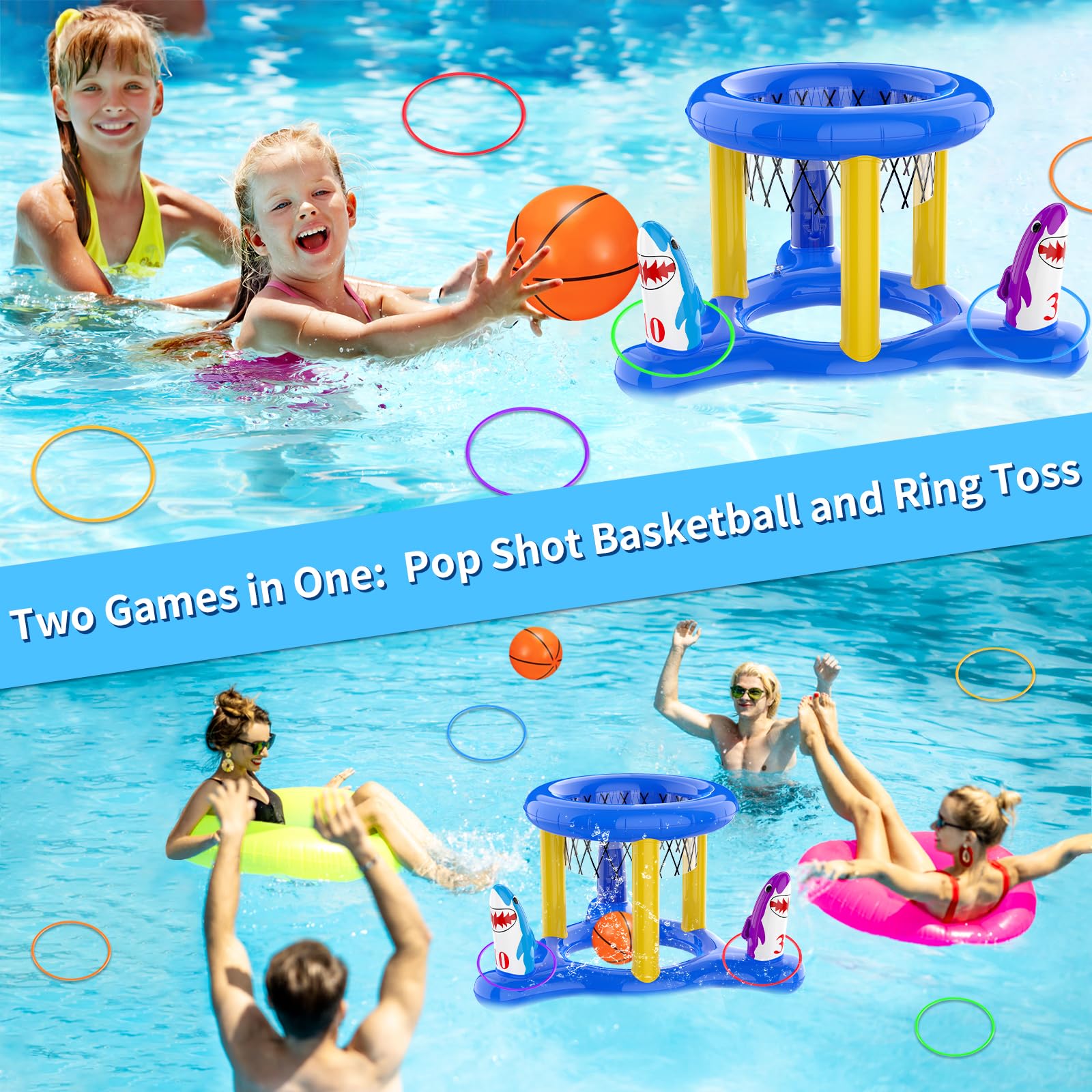 **2-in-1 Pool Floats Toys Set - Ring Toss & Basketball Hoop Water Games for Kids, Teens & Adults - Fun Swimming Pool, Lake, Ocean & Backyard Party Games (Blue)**    *(Perfect for Summer Parties, Beach Trips, Family Gatherings & Outdoor Water Fun!)*