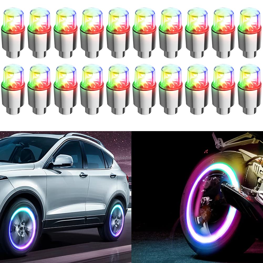 20Pcs LED Tire Valve Lights - Waterproof Flashing Wheel Lights for Car, Bike, Motorcycle - Colorful Valve Cap Lamps for Night Riding & Safety Decoration