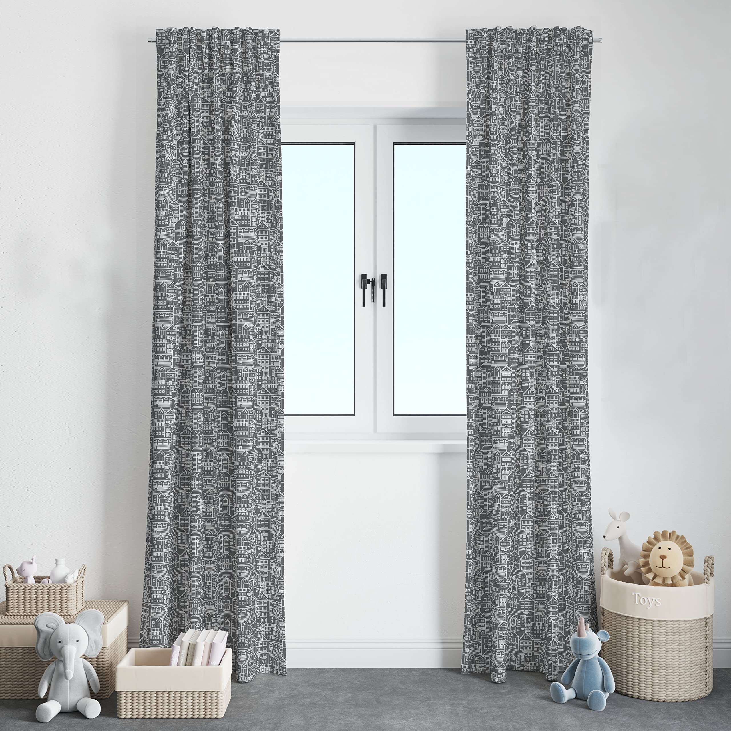 Bacati 2 Pack Light Filtering Curtain Panels - Cityscape Reverse Dark Grey/White Charcoal Window Drapes for Living Room, Bedroom & Office - Soft Sheer Privacy Curtains with Modern Urban Design
