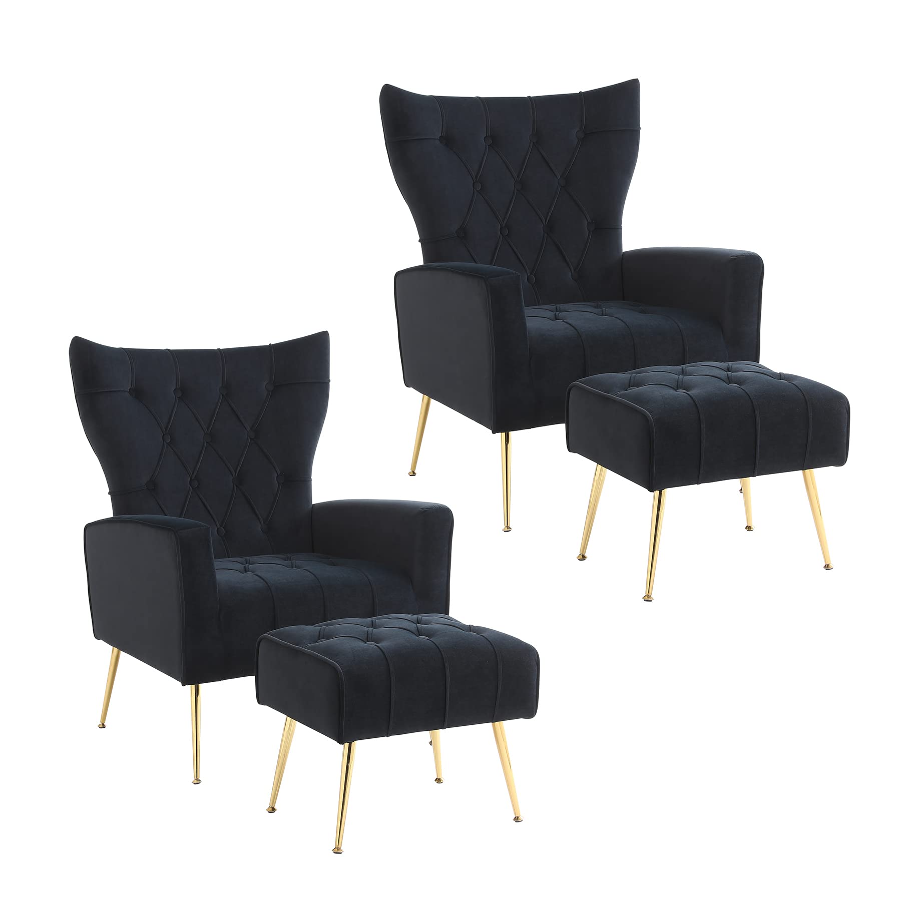 Nolohoo Velvet Accent Chair with Ottoman Set of 2 - Upholstered Armchair with Golden Metal Legs & High Back - Modern Living Room & Bedroom Side Chair - Black - Perfect for Reading Nook, Lounge Area & Home Office