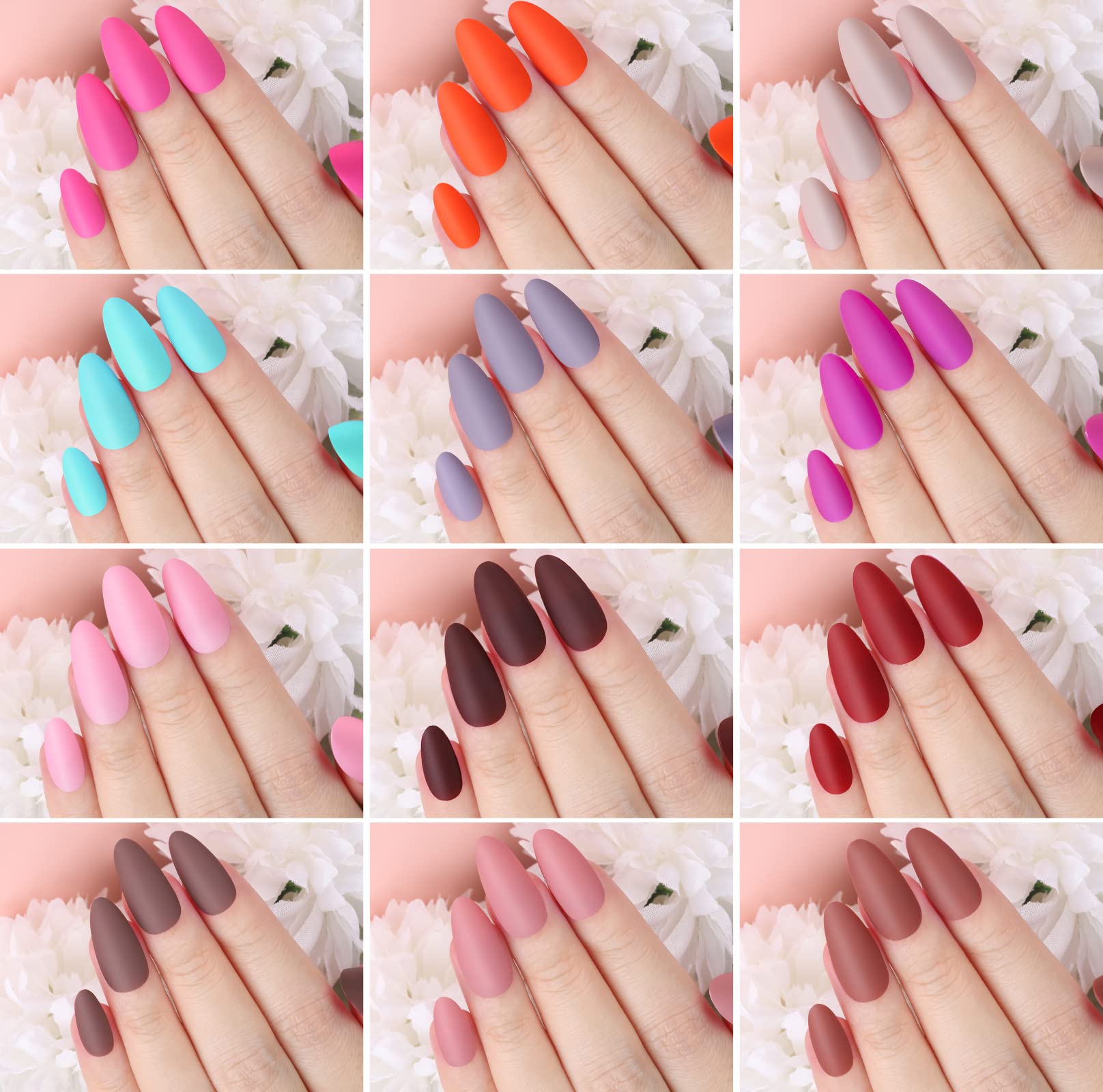FANDAMEI 24 Colors 576PCS Almond Matte Press on Nails - Medium Length Acrylic Fake Nails with Glue, Full Cover Natural False Nails for Manicure, Salon, Party & Special Occasions