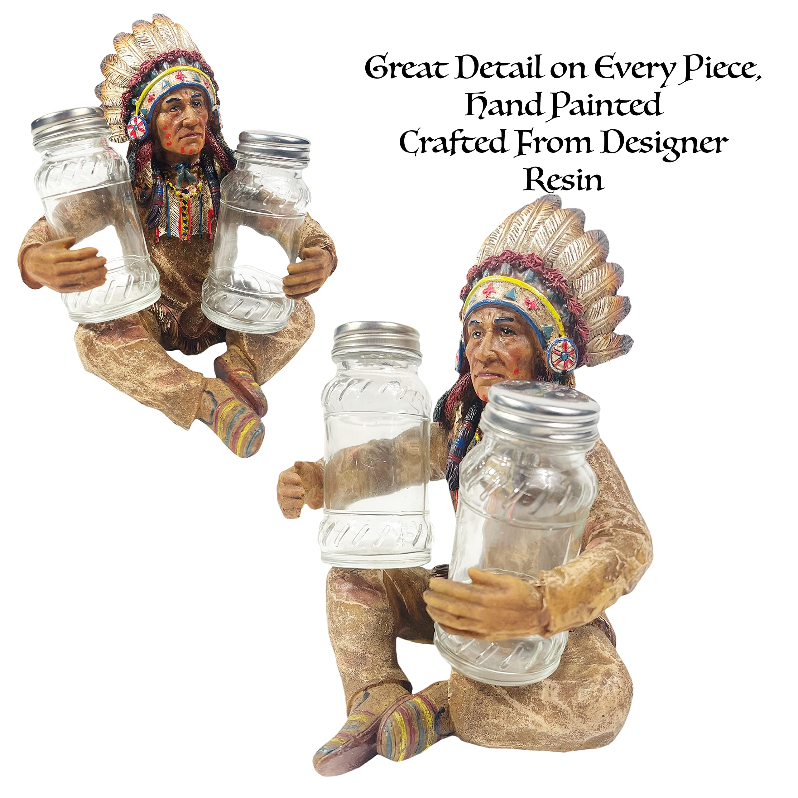 Western Indian Chief Salt and Pepper Shaker Set - Rustic Cowboy Kitchen Decor with Feathers & Star Buckle Design - Perfect for Farmhouse, Ranch, and Country Western Dinner Table Decorations