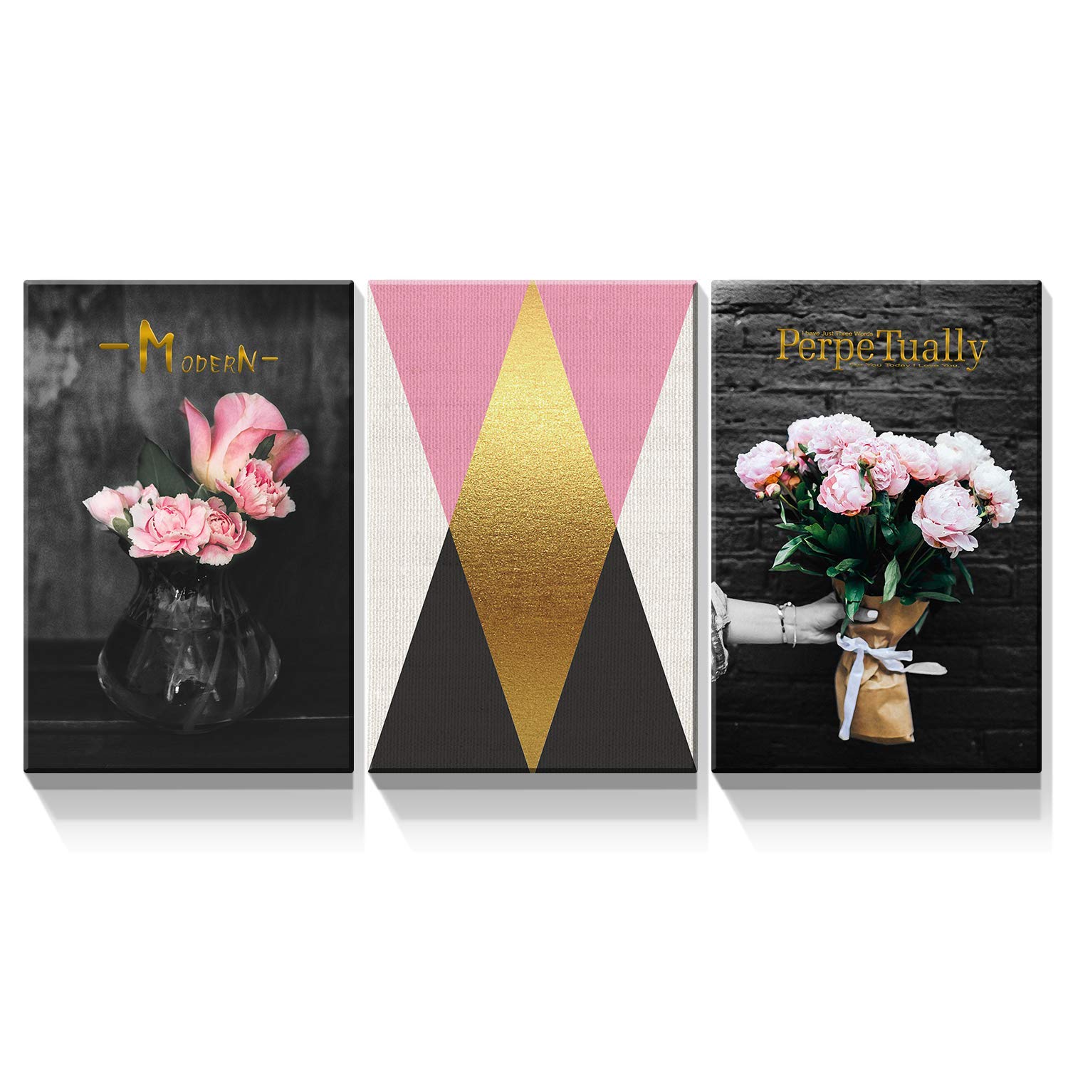 Denozer - 3 Piece Pink Floral Canvas Wall Art Set, 32