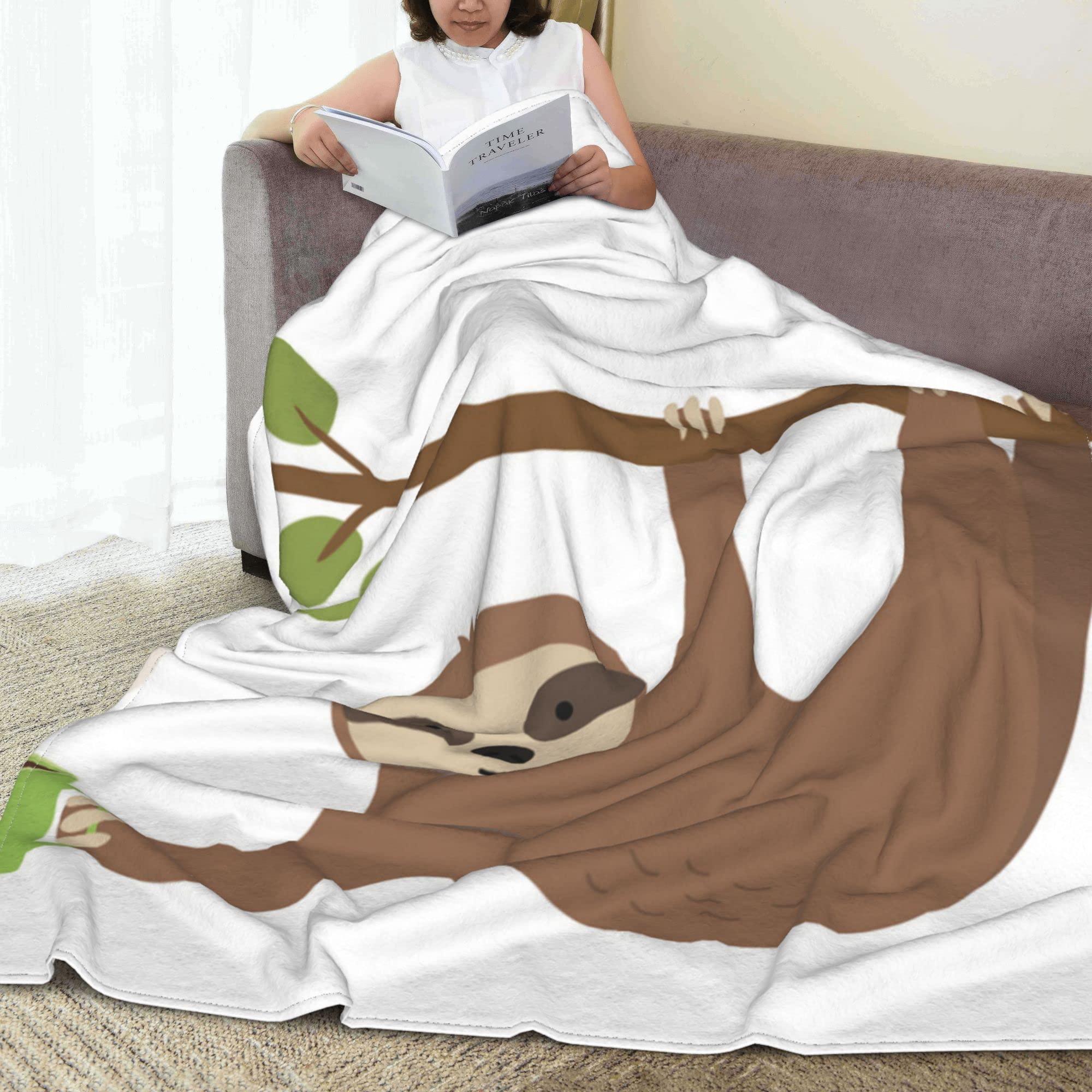 Cozy Sloth Print Flannel Throw Blanket - Soft Microfiber Blanket for Bed, Couch & Sofa - Cute Sloth Hanging Cup Design - Perfect for Teens, Boys & Girls - Great for Lounging, Movie Nights & Dorm Room Decor