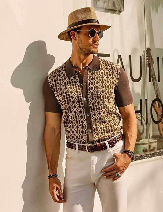 PAUL JONES Men's 70s Vintage Contrast Polo Shirt Short Sleeve Cardigan Sweater - Retro Casual Knitwear for Everyday Wear & Weekend Outings