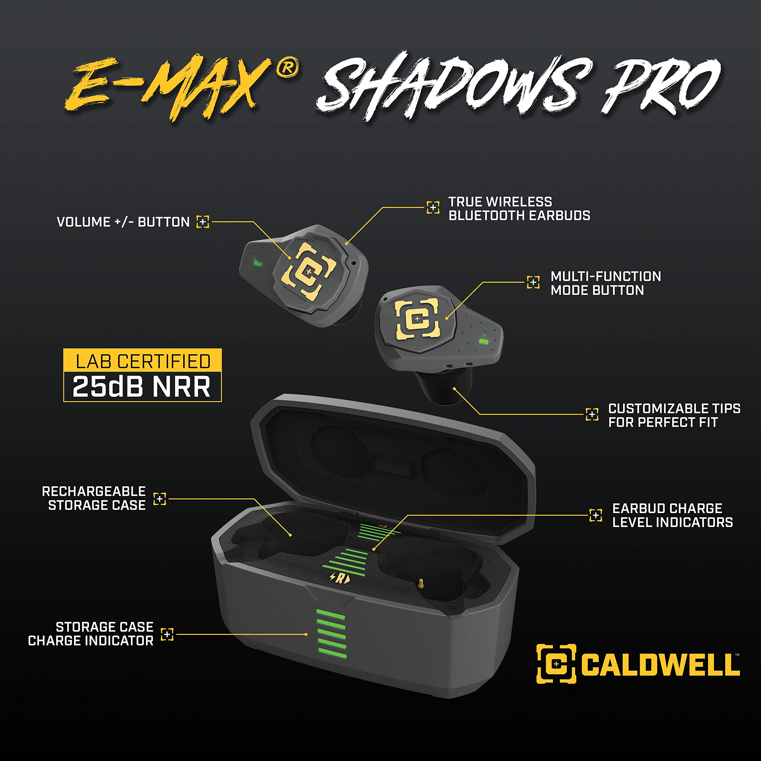 Caldwell E-MAX Shadows Pro Electronic Hearing Protection - Bluetooth & Ambient Sound Amplification, Rechargeable Case for Shooting Range, Hunting & Outdoor Sports - Perfect for Gun Ranges, Hunting Trips & Firearm Training