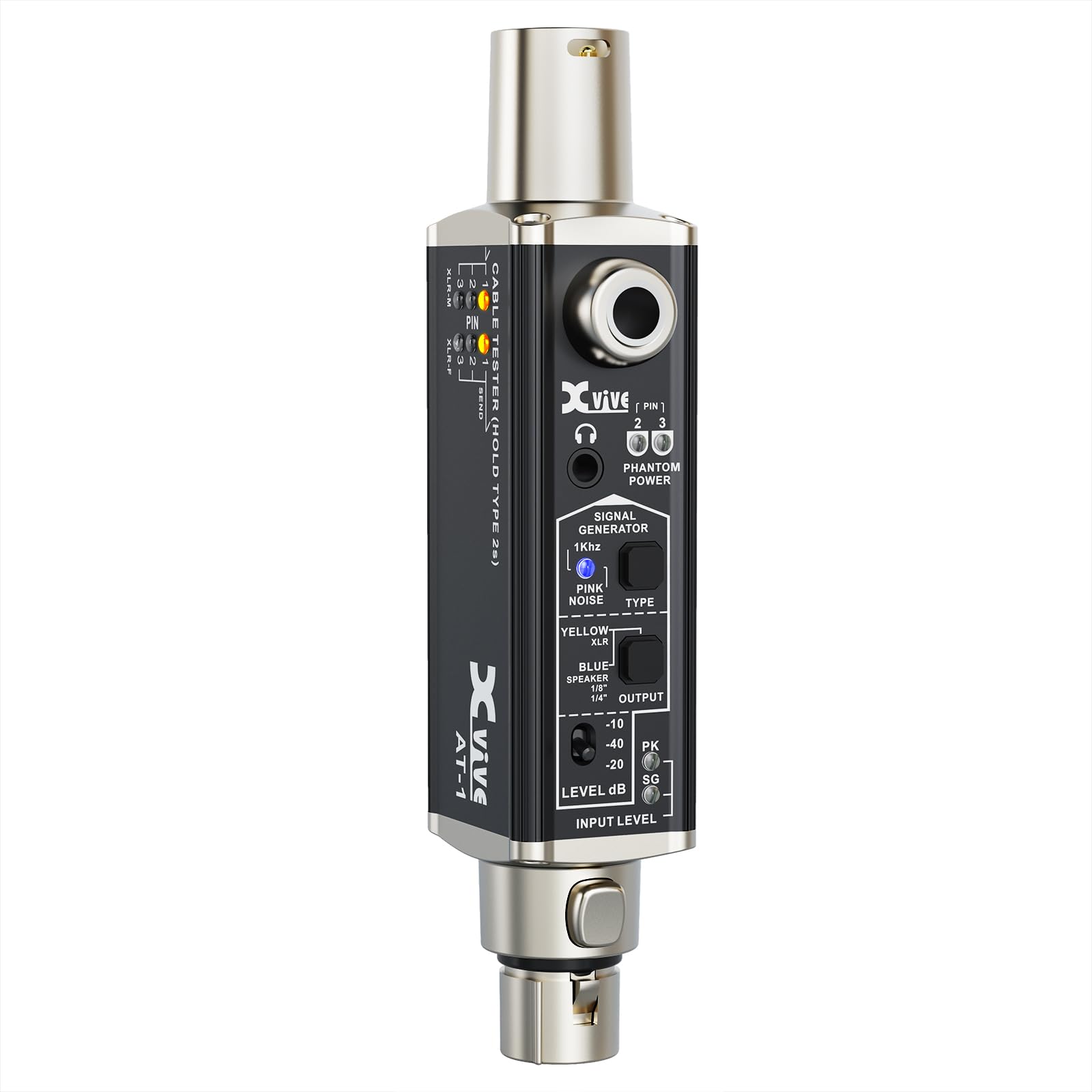Xvive AT-1 Portable Audio Tester - Signal Generator, XLR Cable Tester, Phantom Power Checker with Input Level Meter & Headphone Monitor | Professional Audio Tool for XLR Cables, PA Systems, IEM, Mixers & DI Boxes | Perfect for Live Sound, Studio Recording & Equipment Testing