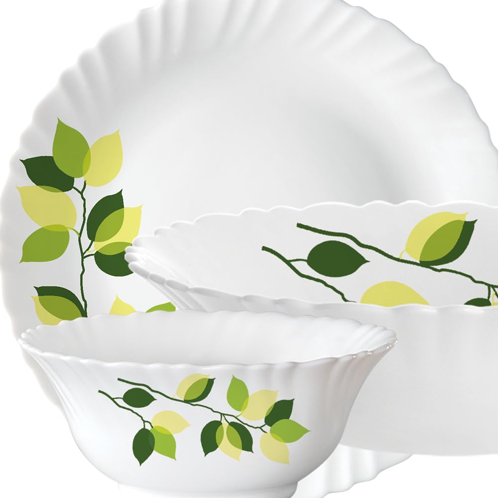 35-Piece Borosilicate Glass Dinnerware Set - Service for 6 with Stackable Plates, Bowls, Lids & Spoons - Chip & Stain Resistant, Microwave & Dishwasher Safe - White with Green Leaf Design - Perfect for Family Dinners, Parties & Everyday Use