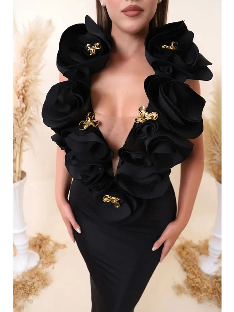 Elegant Black Deep V-Neck Floral Bandage Bodycon Maxi Dress for Women - Sexy Club Party & Evening Gown for 2025 | Perfect for Night Out, Date Night & Special Occasions