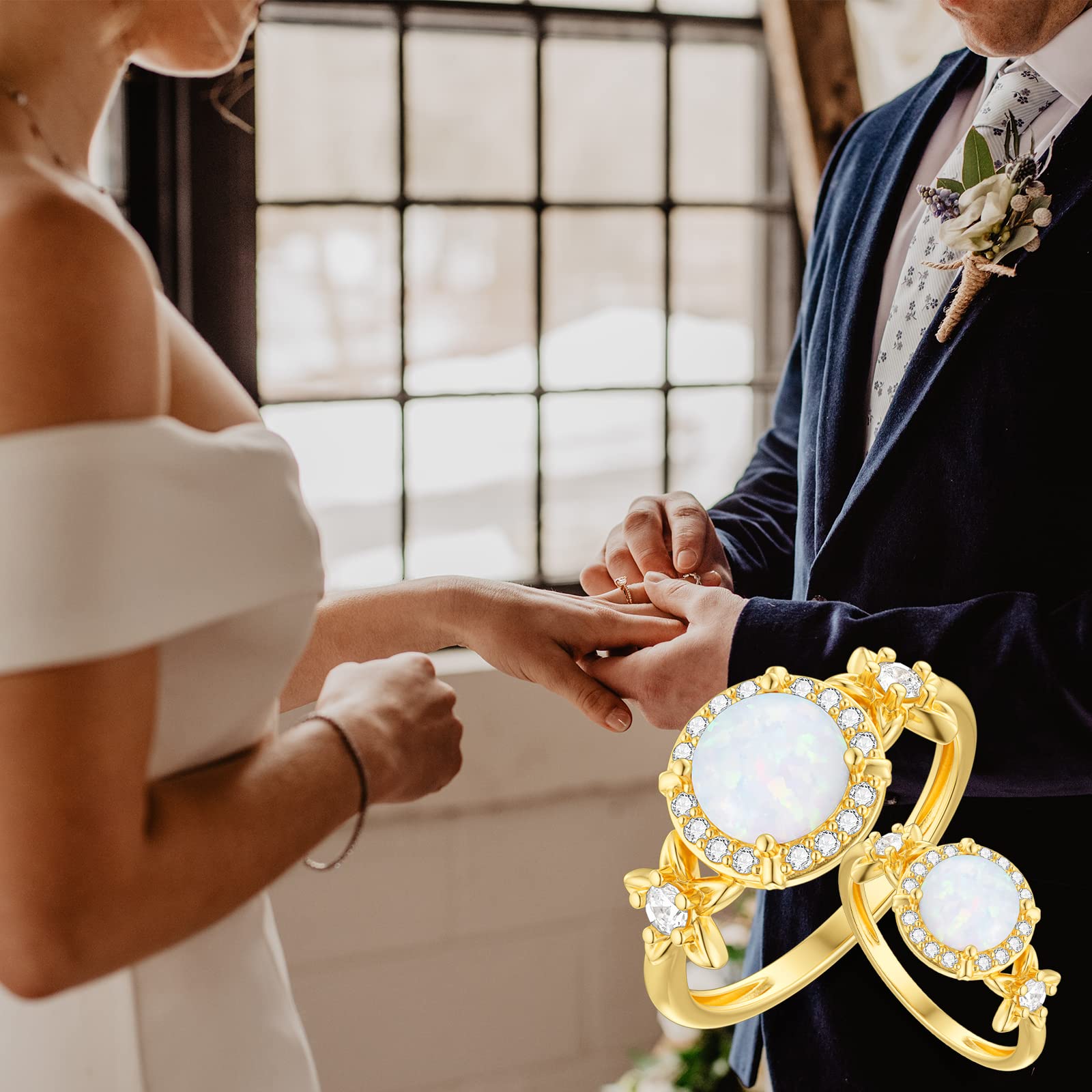 14K Yellow Gold Opal Ring for Women - Solid Gold White Opal Halo Engagement Ring - Wedding, Anniversary, Birthday Gift for Wife, Girlfriend - Elegant Jewelry for Everyday Wear & Special Occasions (Sizes 4-11)