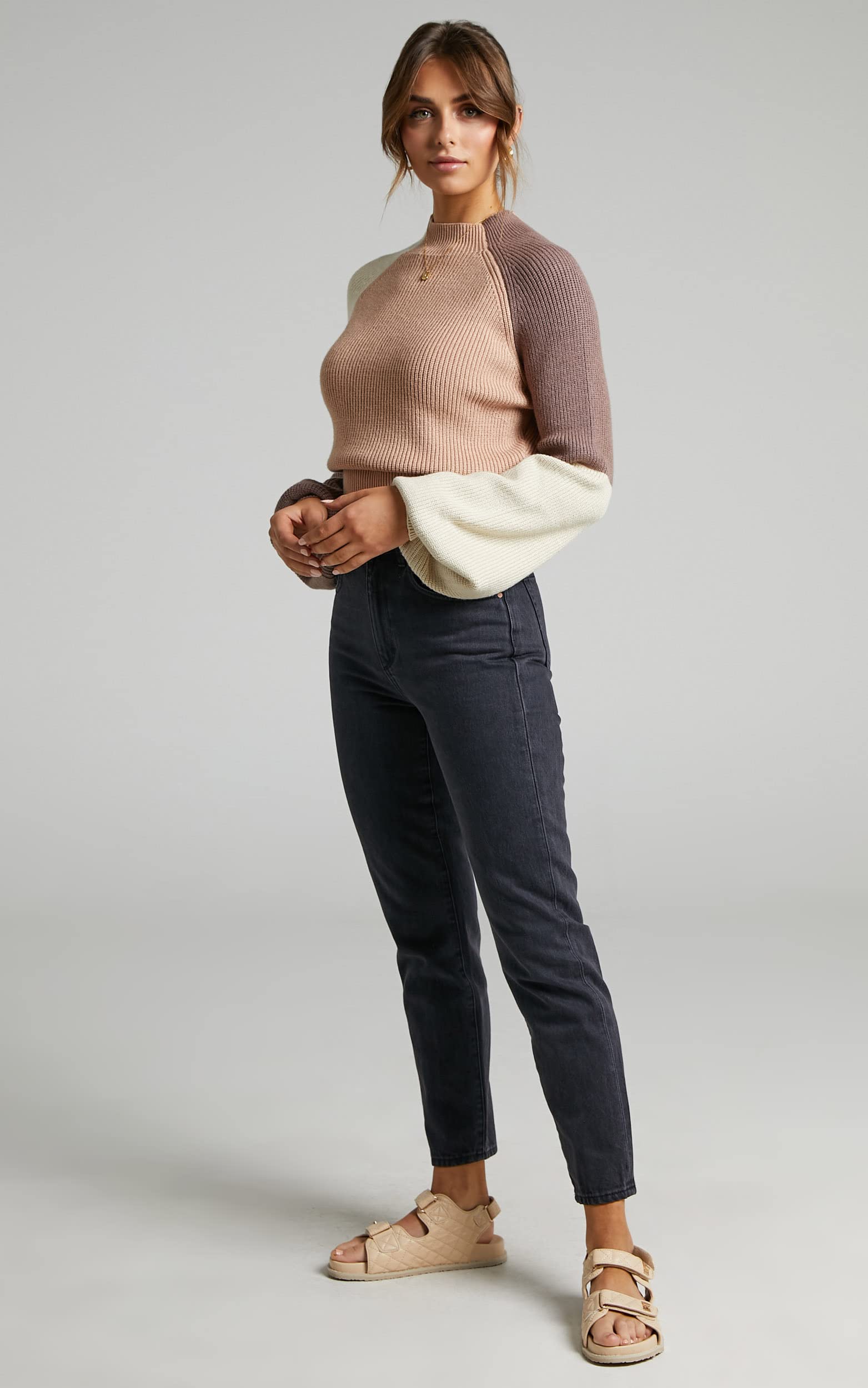 ZAFUL Women's Mock Neck Color Block Knit Sweater - Cropped Pullover Jumper with Lantern Sleeves | Casual Winter Tops for Work, Dating & Holiday Outfits