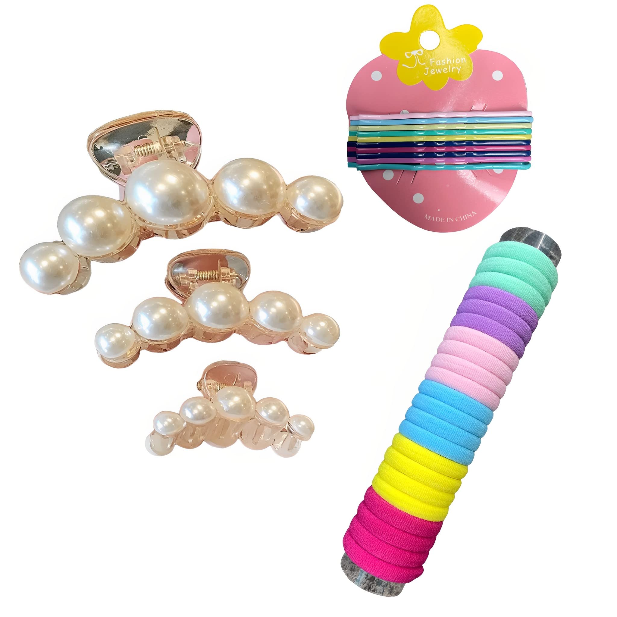 SSDN 3-Pack Pearl Stone Hair Clutchers + 22 Hair Ties + 10 Colorful Bobby Pins - Large Medium Small Hair Claws for Women & Girls | Perfect for Ponytails, Braids, and Everyday Hair Styling