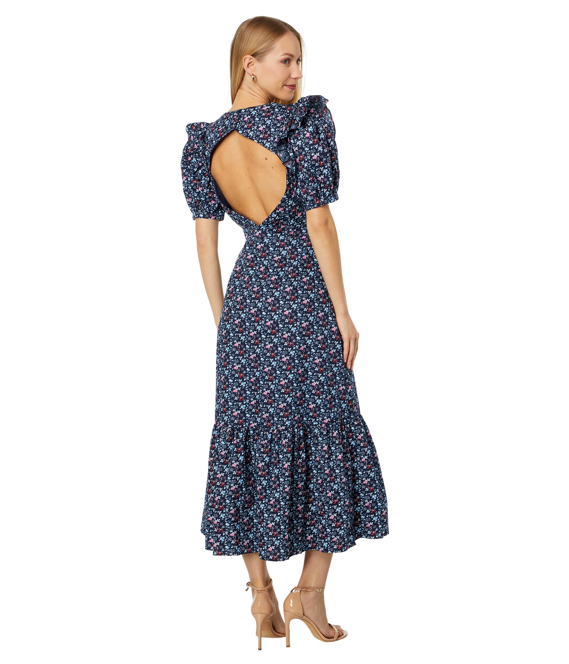 Floral Print Cotton Midi Dress with Open Back - Navy & Multi Color - English Factory - Perfect for Summer Outings, Beach Vacations, and Casual Events