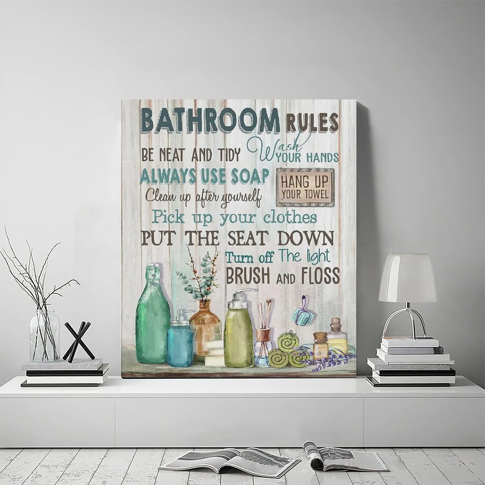 Rustic Bathroom Wall Art Decor - Framed Canvas Prints with Wood Background for Modern Farmhouse, Bath & Laundry Room | Bathroom Rules Signs & Pictures for Home Decoration | Perfect for Spa-Like Retreats & Cozy Farmhouse Style