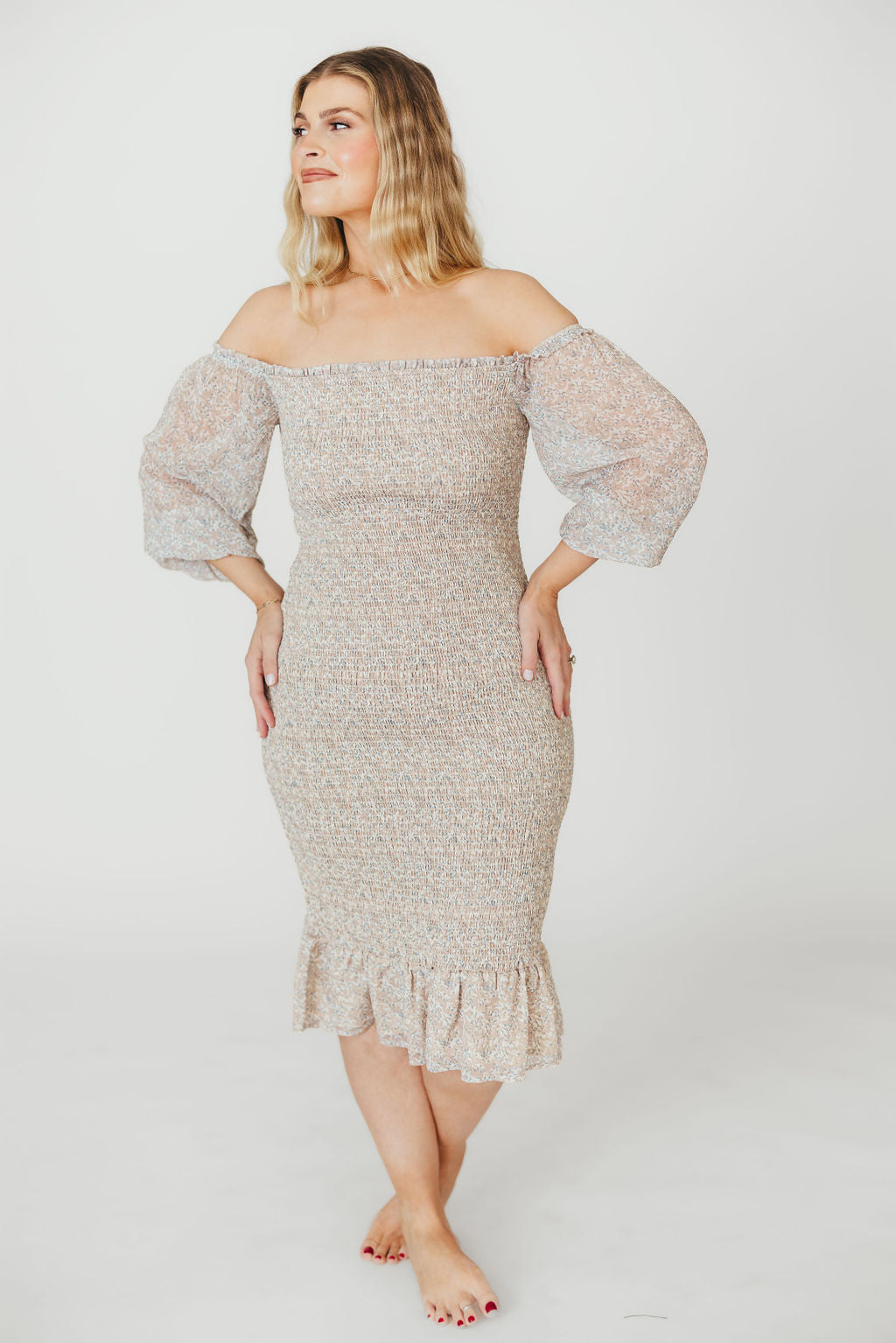 Stylish Cameron Stretchy Midi Dress with Ruffles - Beige & Blue Floral Print | Perfect for Casual Outings, Date Nights & Summer Vacations